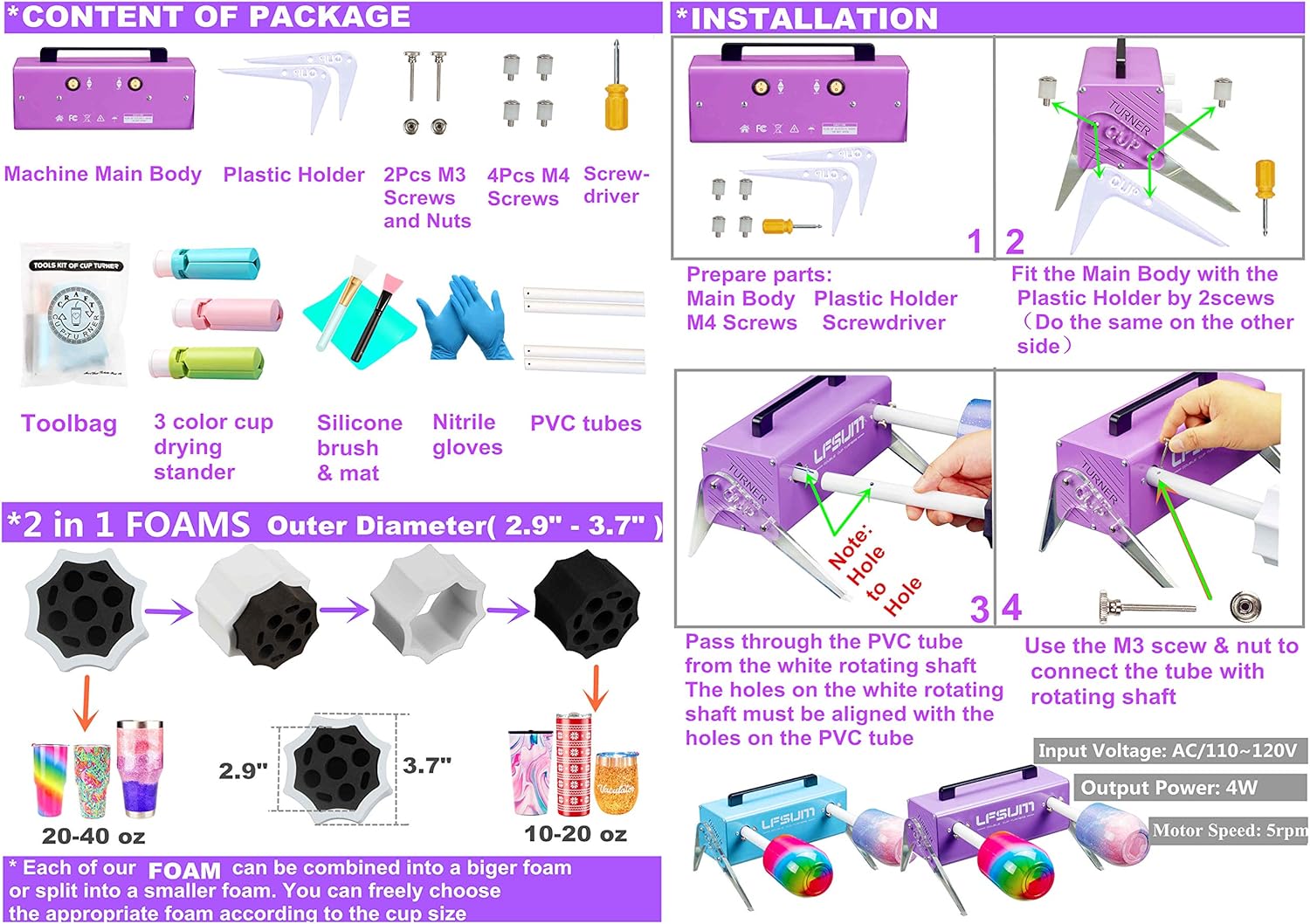 Diagram showing LFSUM Double Cup Turner package contents and assembly steps