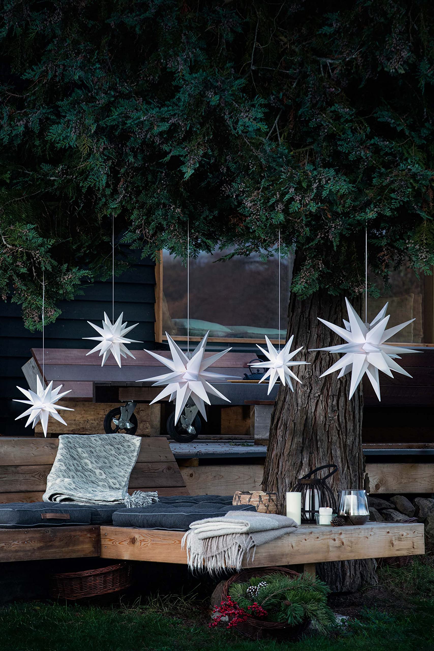 Novaliv Set risparmio di 2 stelle decorative, 65 cm, bianco, cavo esterno con trasformatore e funzione timer, stella 3D a 18 punte, luce natalizia 3D