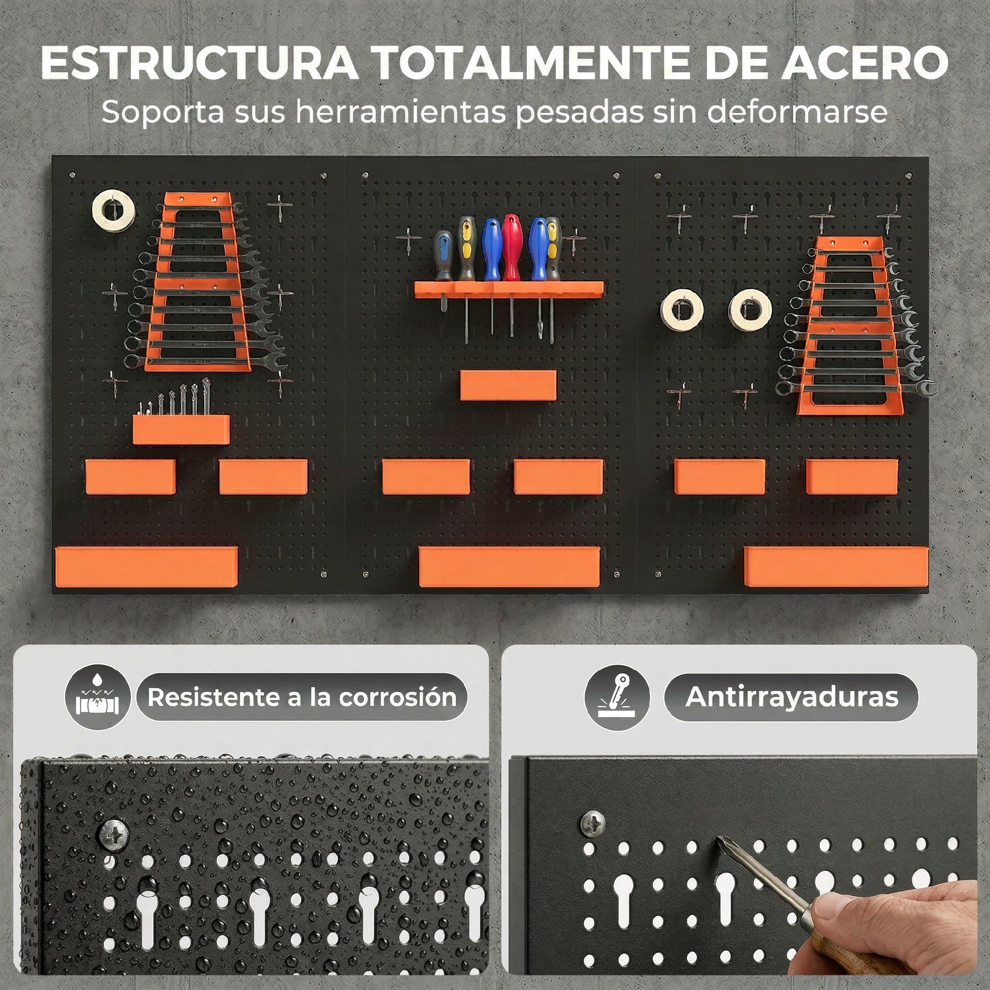 HOMCOM Organizador de Herramientas de Pared 120x60 cm Negro y Naranja | 33 Piezas, Paneles de Herramientas de Pared, Ganchos, Contenedores, Estantes, para Garajes, Cajitas