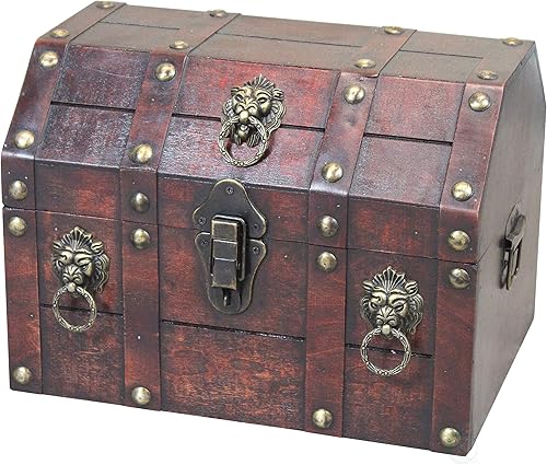 Cofre pirata de madera antigua con anillos de león
