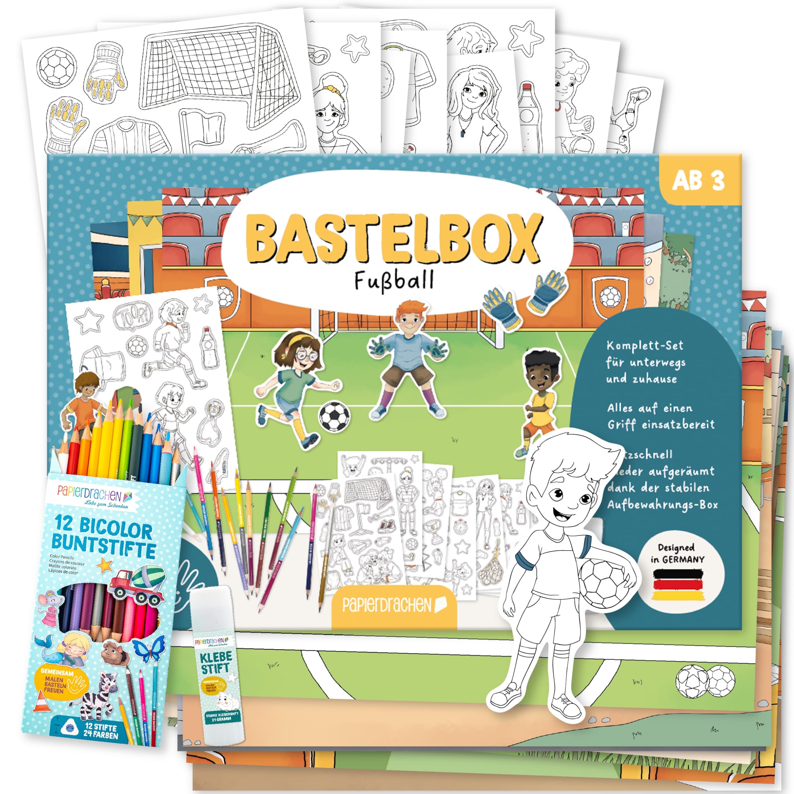 Papierdrachen Bastelbox Tiere unserer Welt – Komplett-Set -inkl. Stanzbögen u. Hintergründen – 12 Bicolor-Farbstifte - Klebestift - Aufbewahrungsbox - kreatives Lernen