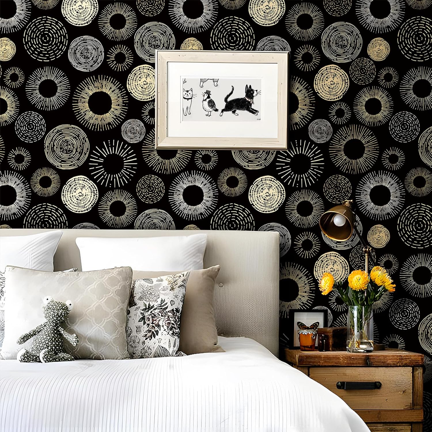 Abstract Boho Wallpaper Circle Geometric Peel and Stick Wallpaper Black and Gold Geometric Contact Paper for Bedroom Cabinets Mid Century Modern Wall Paper Removable Self Adhesive 17.5"x80"