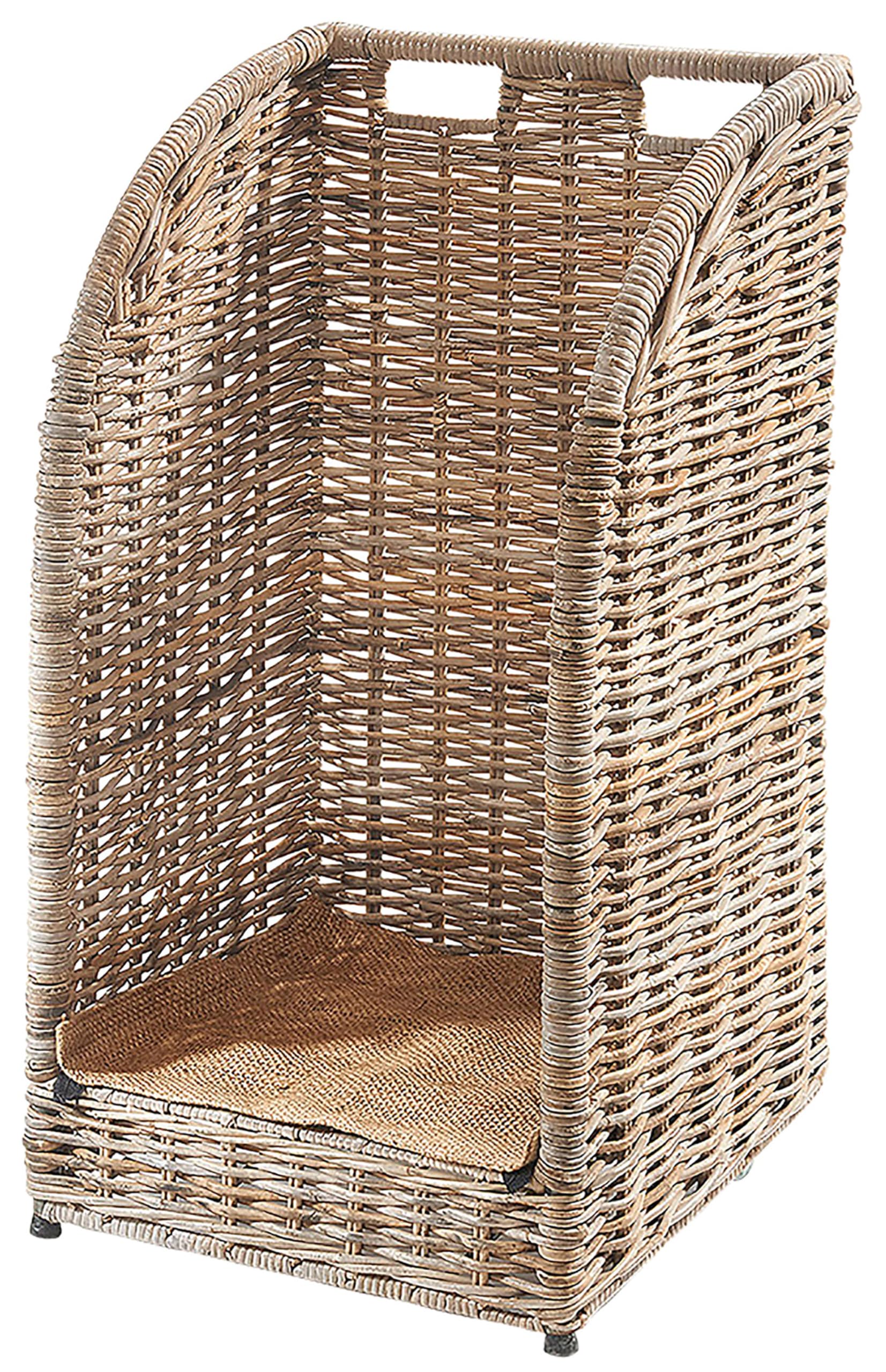 Kobolo Kaminholzwagen aus Rattan, Kubu Grey mit Leinenstoff, 44x34x 78 cm, robuste & stilvolle Holzaufbewahrung mit Rollen für Kaminholz, Brennholz im modernen Design