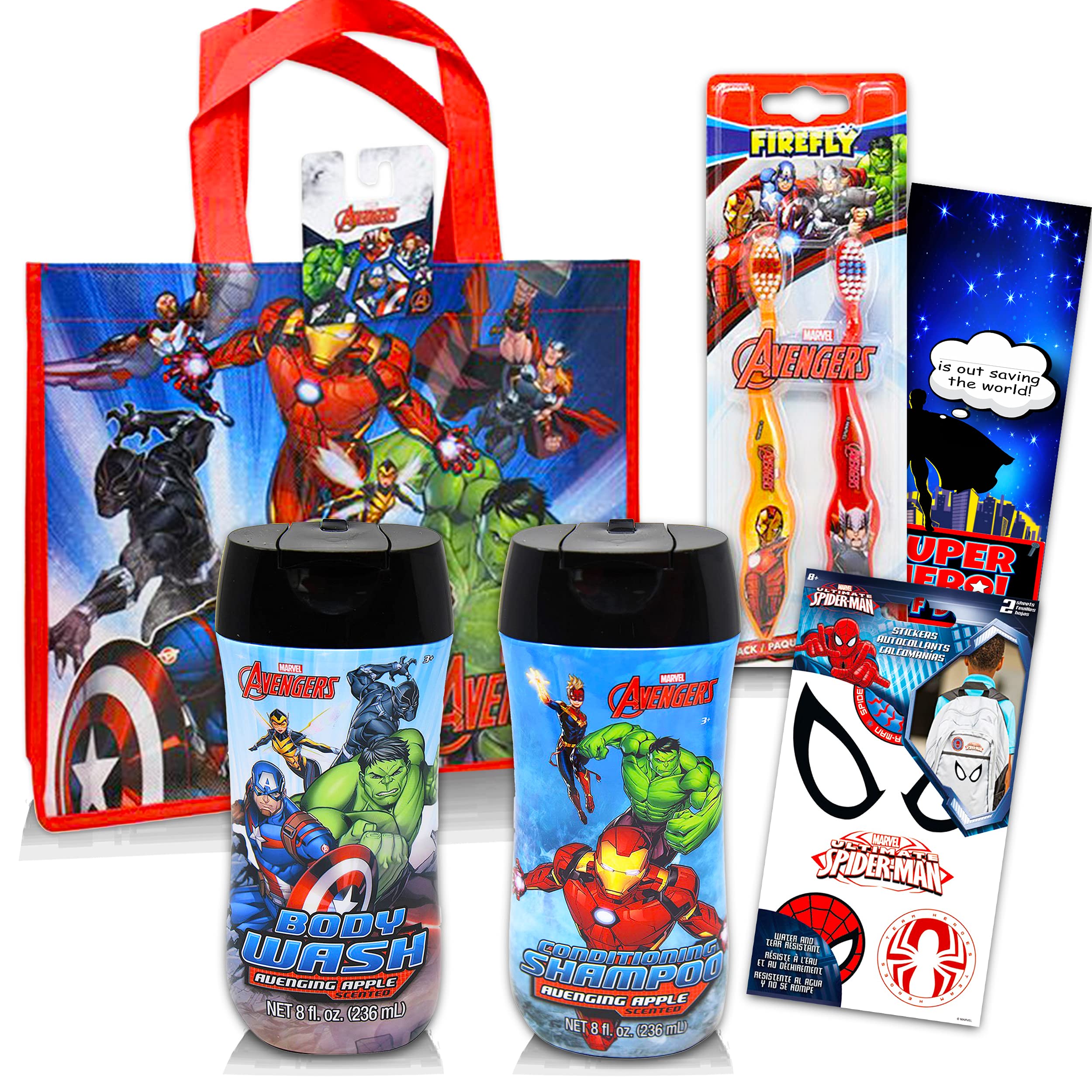 Marvel Avengers Bathroom Bundle ~ 5 Pc Avengers Bath Accessories Set Including Body Wash, Toothbrushes, Stickers, and More! (Avengers Bathroom Decor)