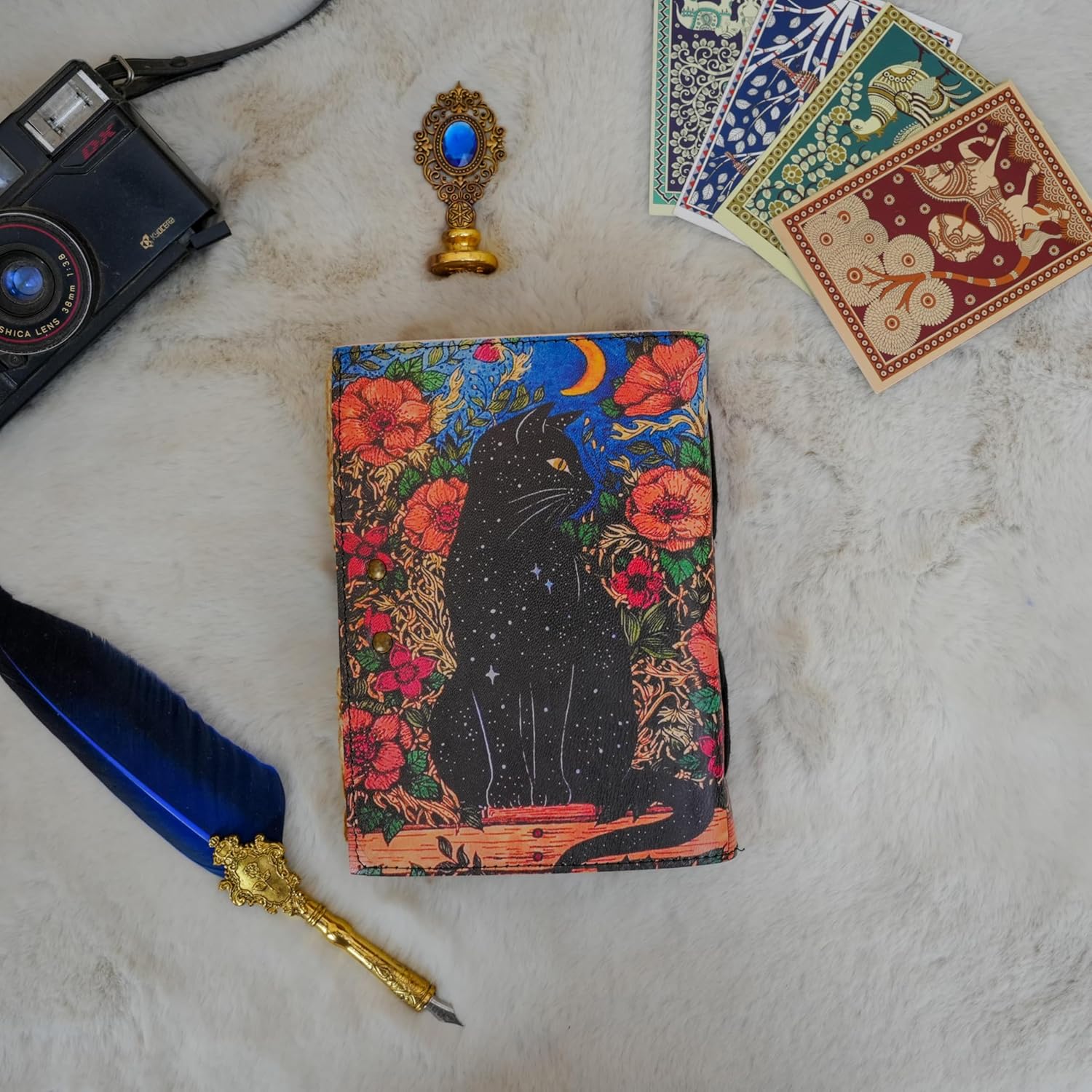 Blank Spell Book of Shadows Grimoire Journal Magic Cat Printed Witchcraft Supplies Witch Wiccan Notebook Handmade Vintage Deckle Paper Leather Sketchbook, Great Gifts 7x5 inches