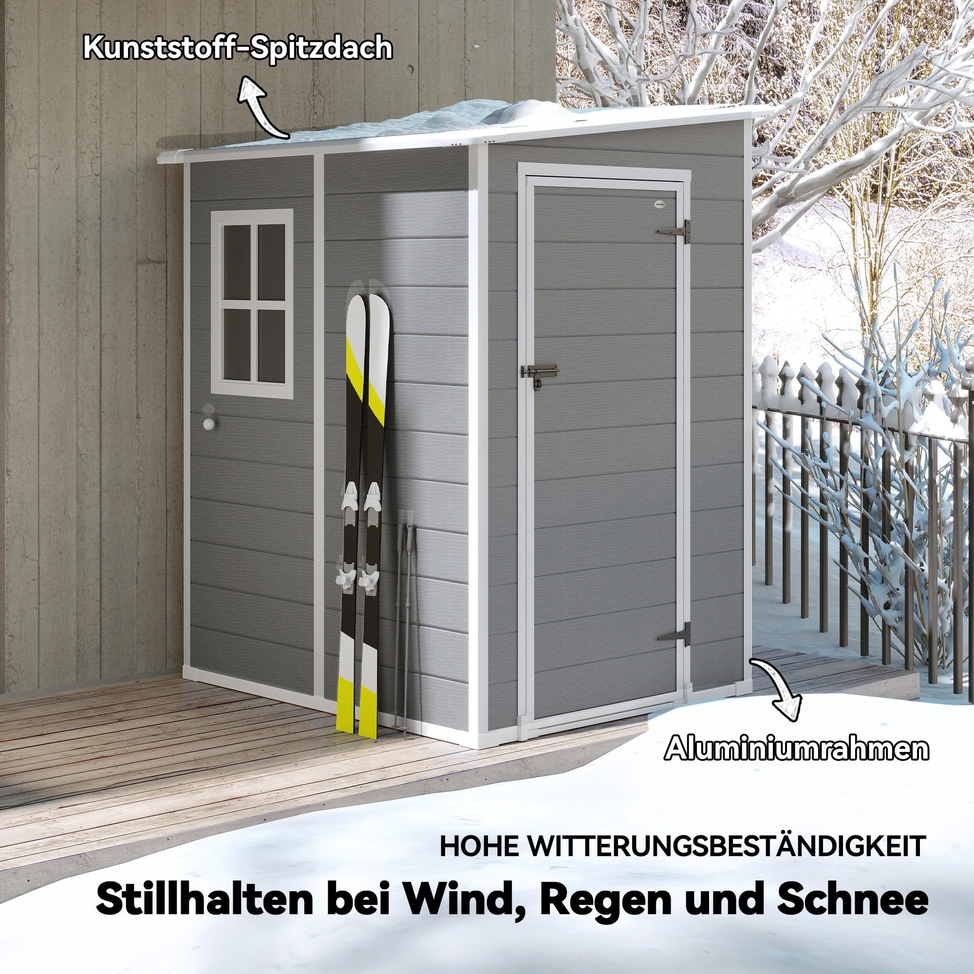 Outsunny Gerätehaus 1,54m³, Gartenhaus mit Pultdach, Boden 122 x 149 x 192/177 cm, wetterfest Geräteschuppen mit Abschließbar Tür, Fenster, Gartenschrank aus Kunststoff, für Hinterhof, Garten, Grau