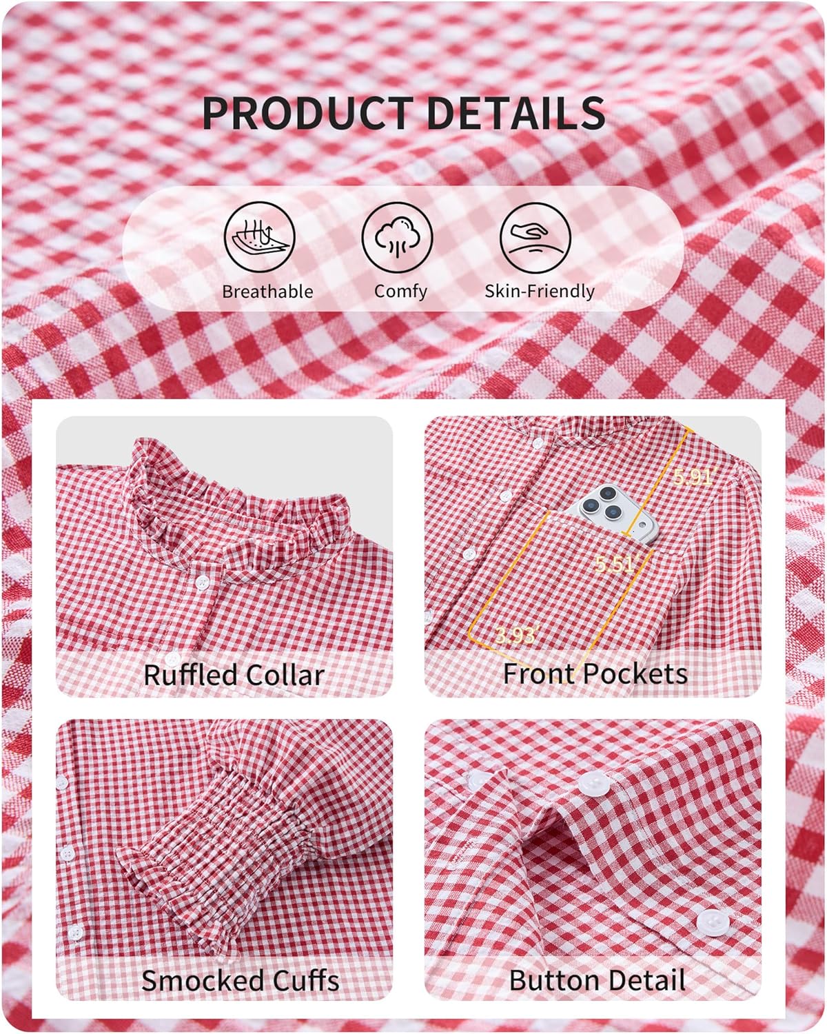 Plaid Shirts for Women Button Down Shirt Ruffle Neck Long Sleeve Blouses Dressy Casual Gingham Tops with Chest Pockets - Image 7