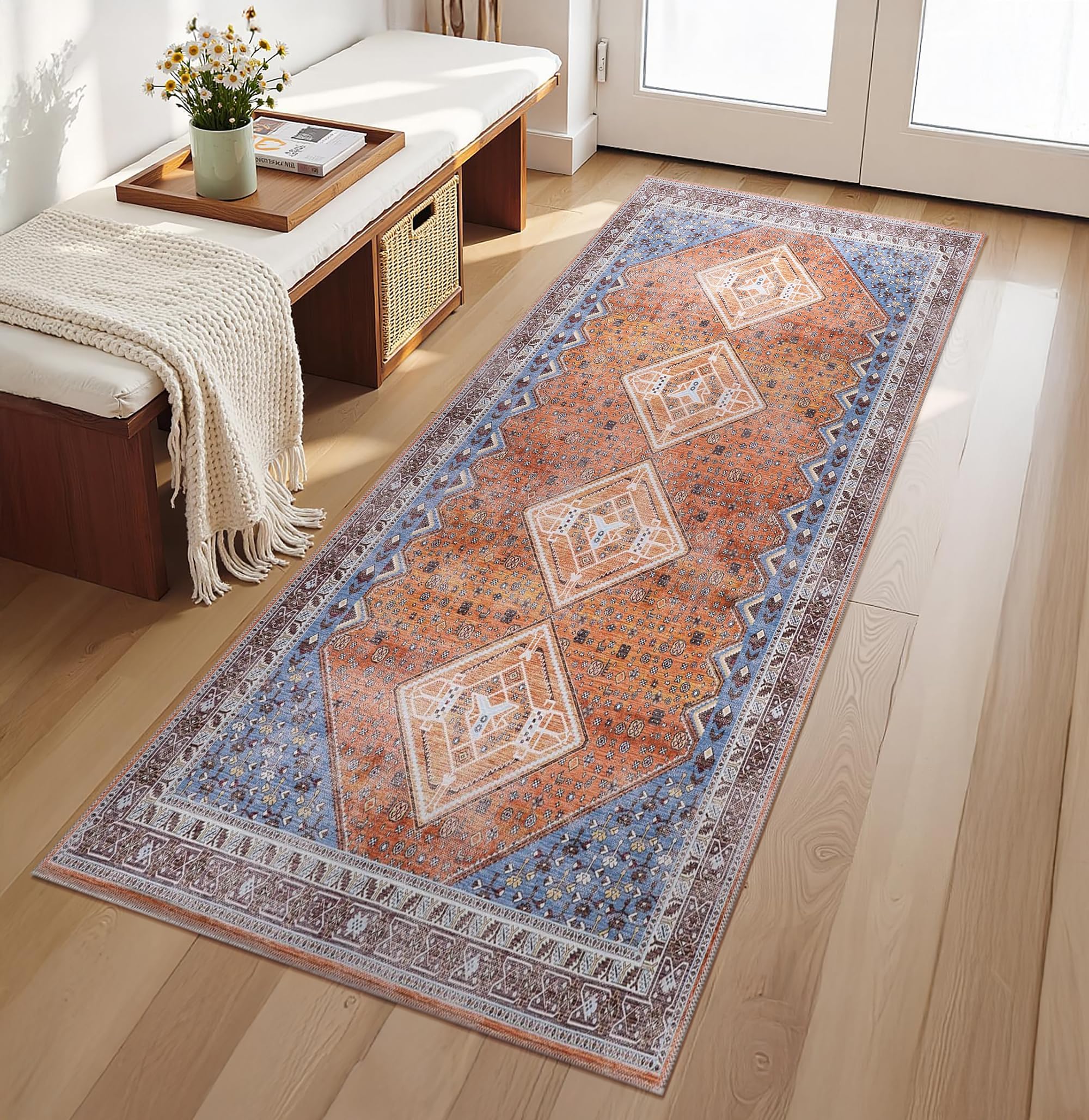 RUGS DEPOT Machine Washable Area Rug for Living Room 80x150 cm– 4 mm Thin Vintage Chenille Carpet with Non-Slip Cotton Backing | Soft Low-Pile Washable Rug for Bedroom & Hallway