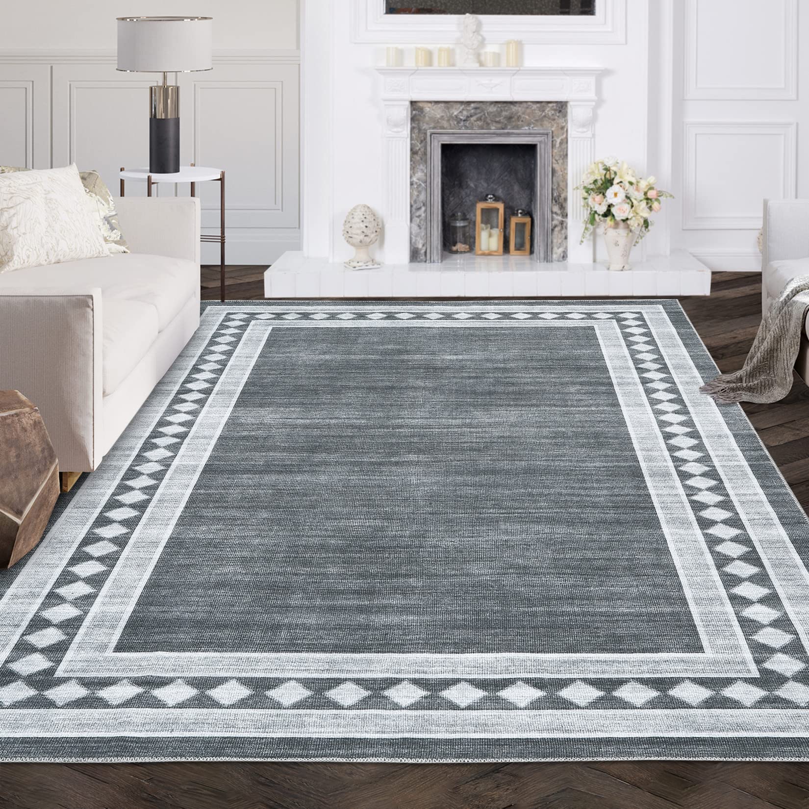 RUGSREAL Solid Area Rug 5x7 Washable Rug, Border Rug Modern Geometric Floor Decor,Perfect for Living Dining Room,Stain Resistant Non-Shedding Non-Slip, Family & Pet Friendly, Grey
