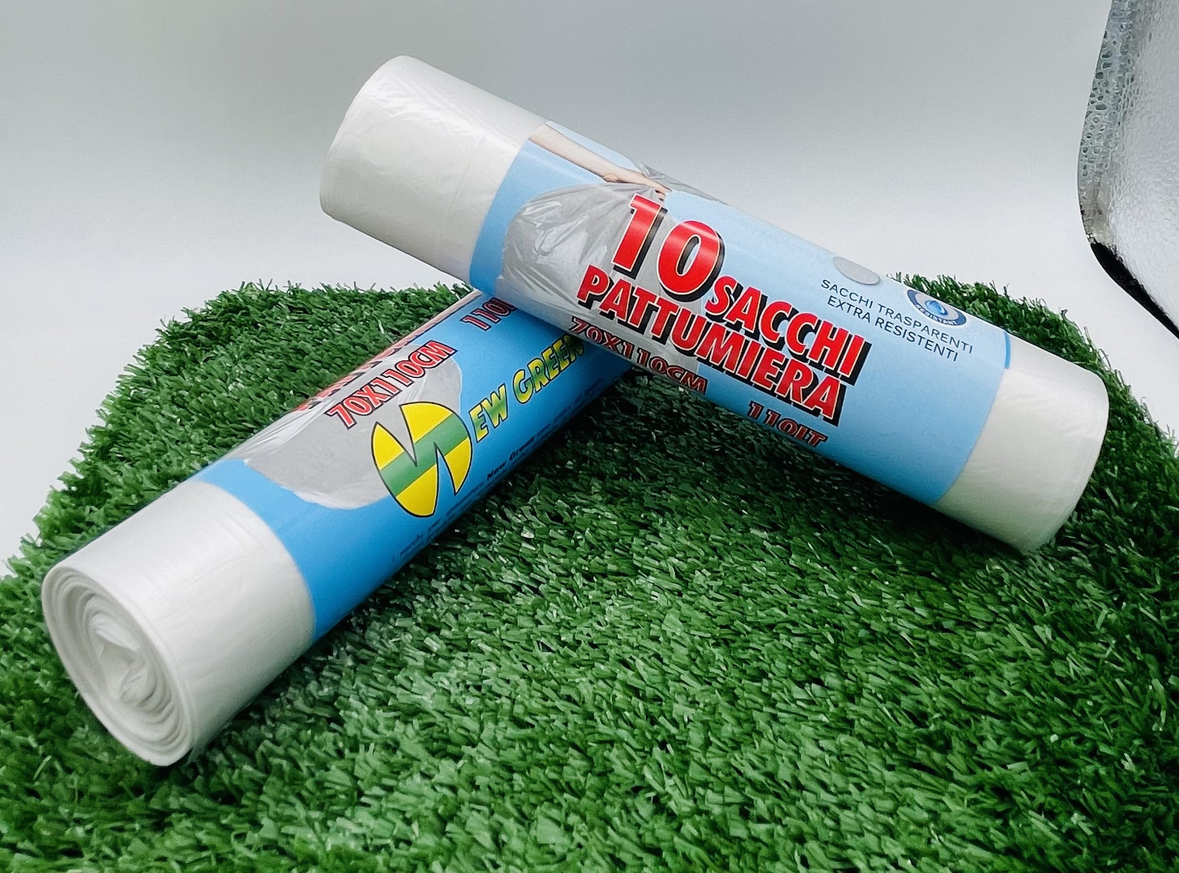 Sacchi pattumiera 70x110, 50 Rotoli da 10pz, 500 sacchetti New Green NU HDPE (Trasparente)