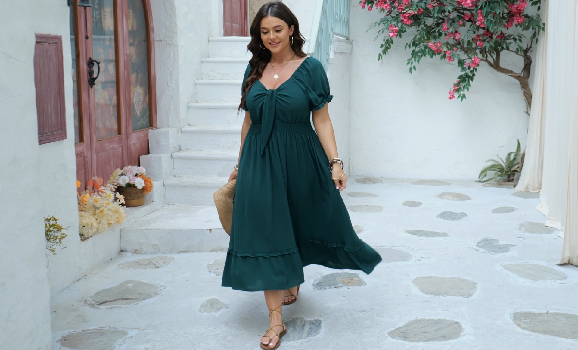 green dress lady SCOMCHIC Women's Plus Size Summer Casual V Neck Short Sleeve Maxi Dress Bow Tie Boho Swing Flowy Long Dresses Emerald at Amazon Women's Clothing store day-formal