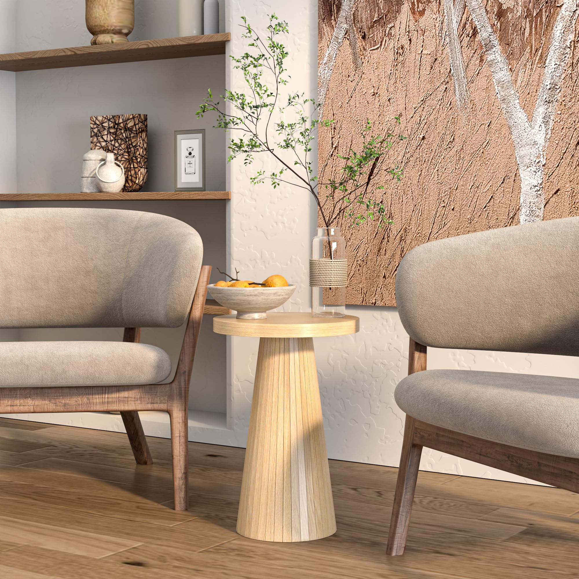 Round Fluted Accent End Table, Drink Small for Living Room, Mid Century Modern Night Stand, Circle Bedside Table, Wood Nightstands for Bedroom (Big