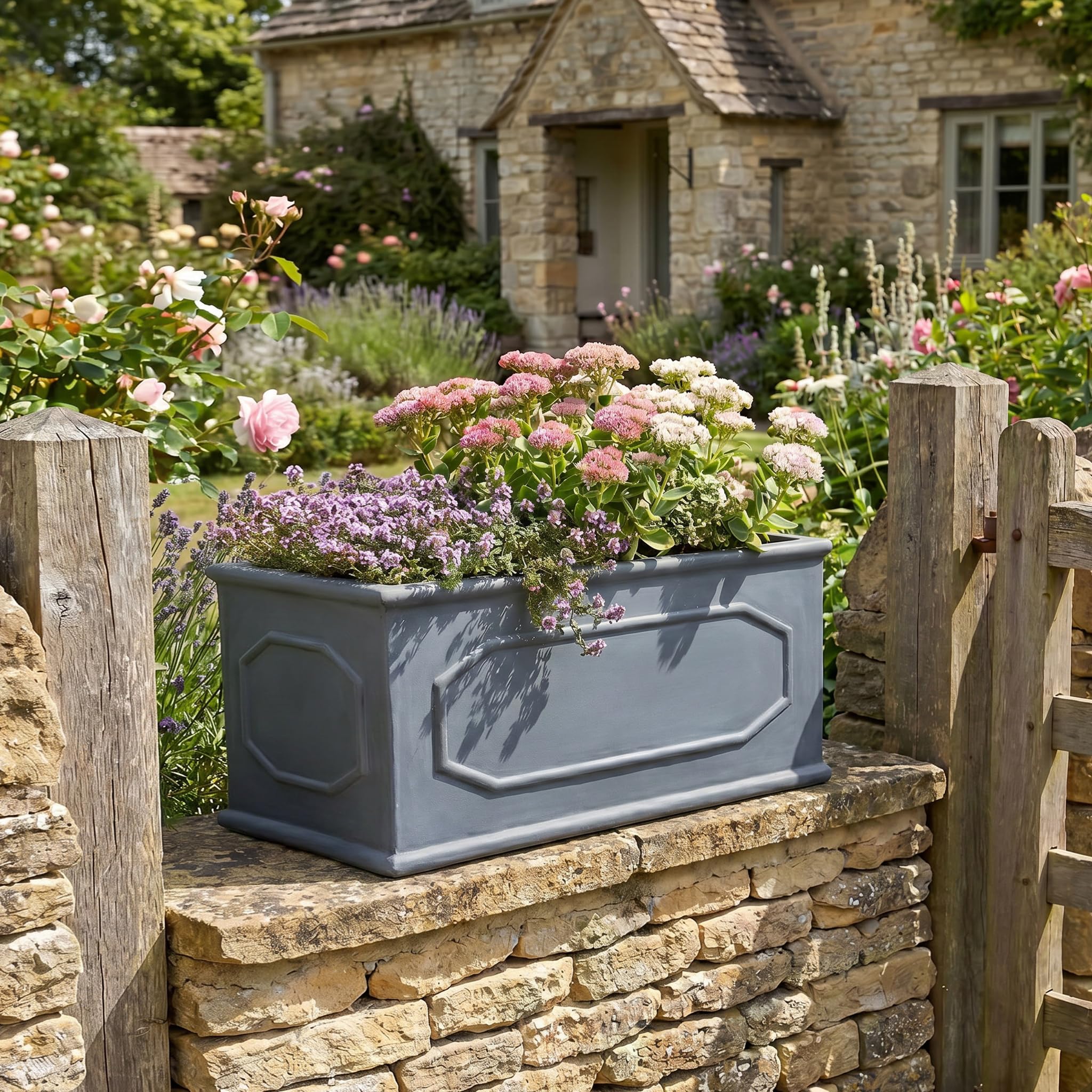 IDEALIST 60cm Plant Pot | Reinforced Stone Large Trough | Leaden Grey Chelsea Plant Pot | Rectangular Garden Planter with Drainage Holes L60 W30 H30 cm, 35 litres โ image 1