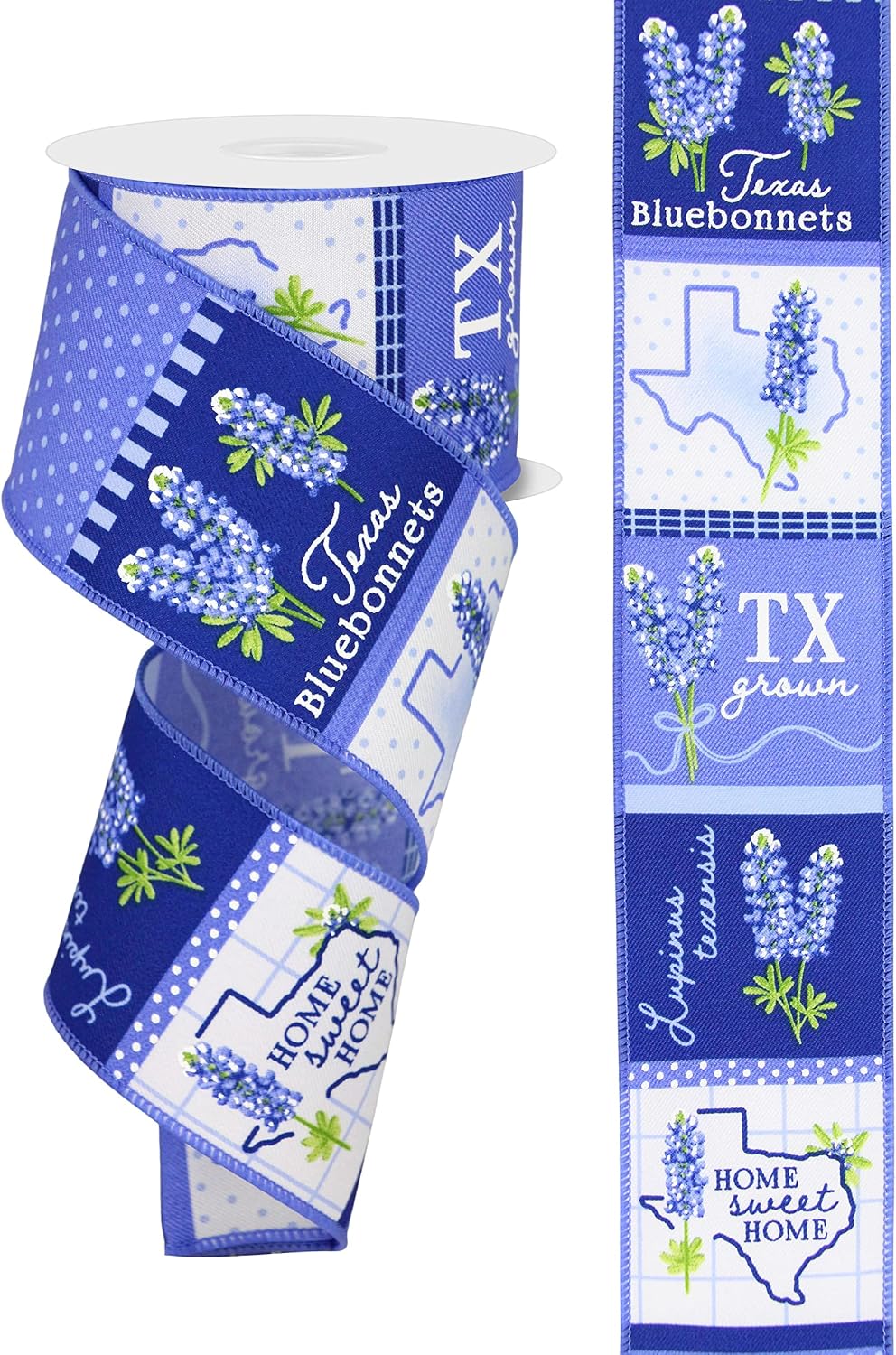 Craig Bachman 2.5" x 10 Yards Bluebonnets Print on Diagonal Weave Wired Ribbon, Texas State Flower Floral Fabric Ribbon for Wreaths, DIY Bows, RGE1768NL