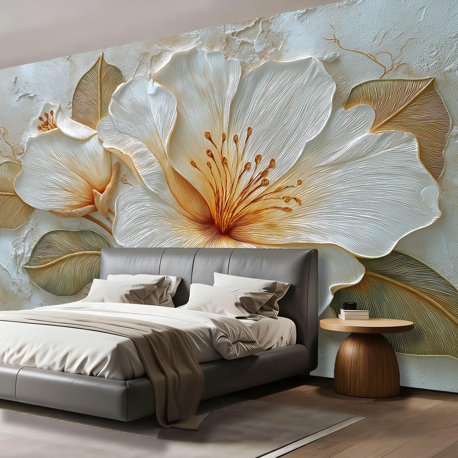 Tapeta 3D z włókniny abstrakcyjny kwiatowy liść 200 x 140 cm tapeta dekoracja ścienna do salonu sypialnia biała