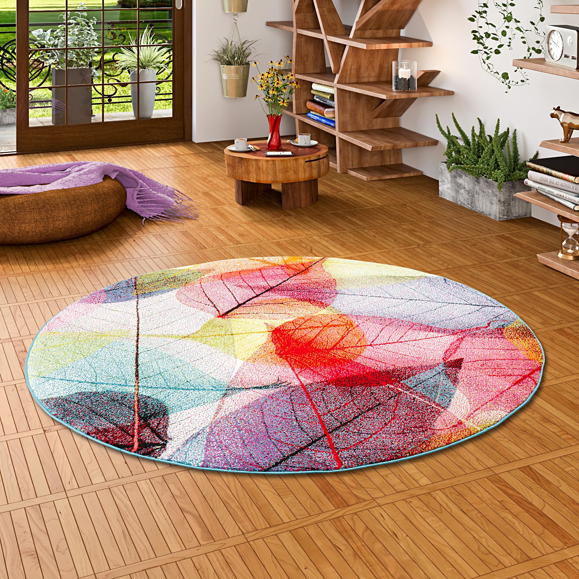 Tapis tropical rond multicolore Pergamon Faro aux motifs feuillage