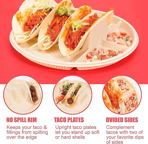 Miniatura 10 de 50 platos desechables pequeños para tacos para fiestas, soportes para tacos de almidón de maíz con 2 áreas de inmersión, capacidad para 2 tacos,