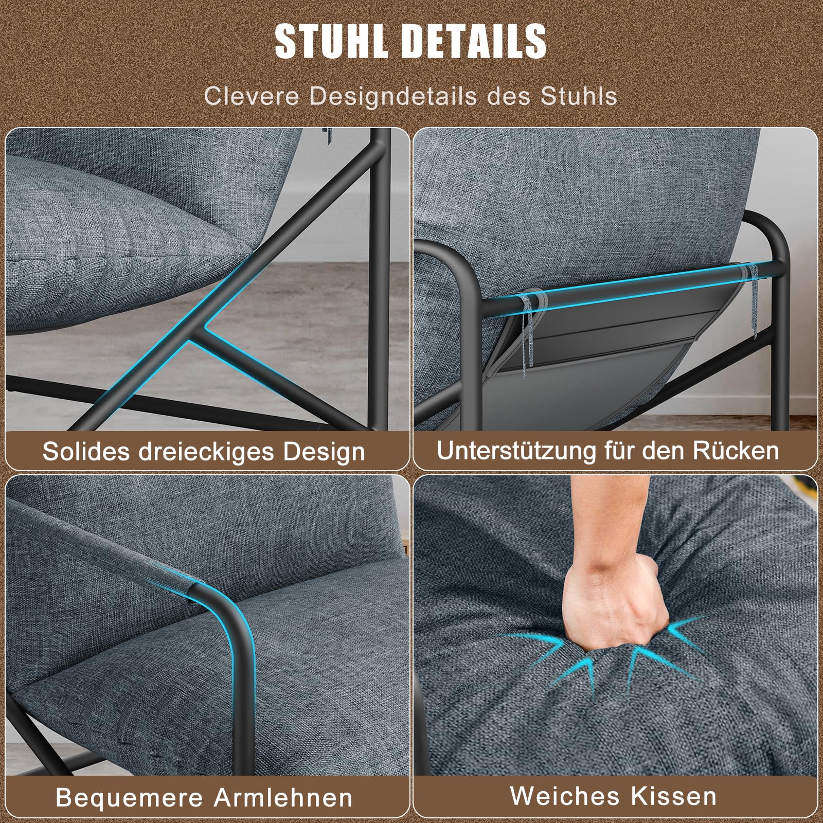 naspaluro Lounge Sessel mit Metallgestell, Moderner Sling Akzentstuhl mit Ergonomischen Kissen & Memory-Schaum, Gemütlicher Lesesessel für Wohnzimmer, Schlafzimmer, Ankleidezimmer, Dunkelgrau