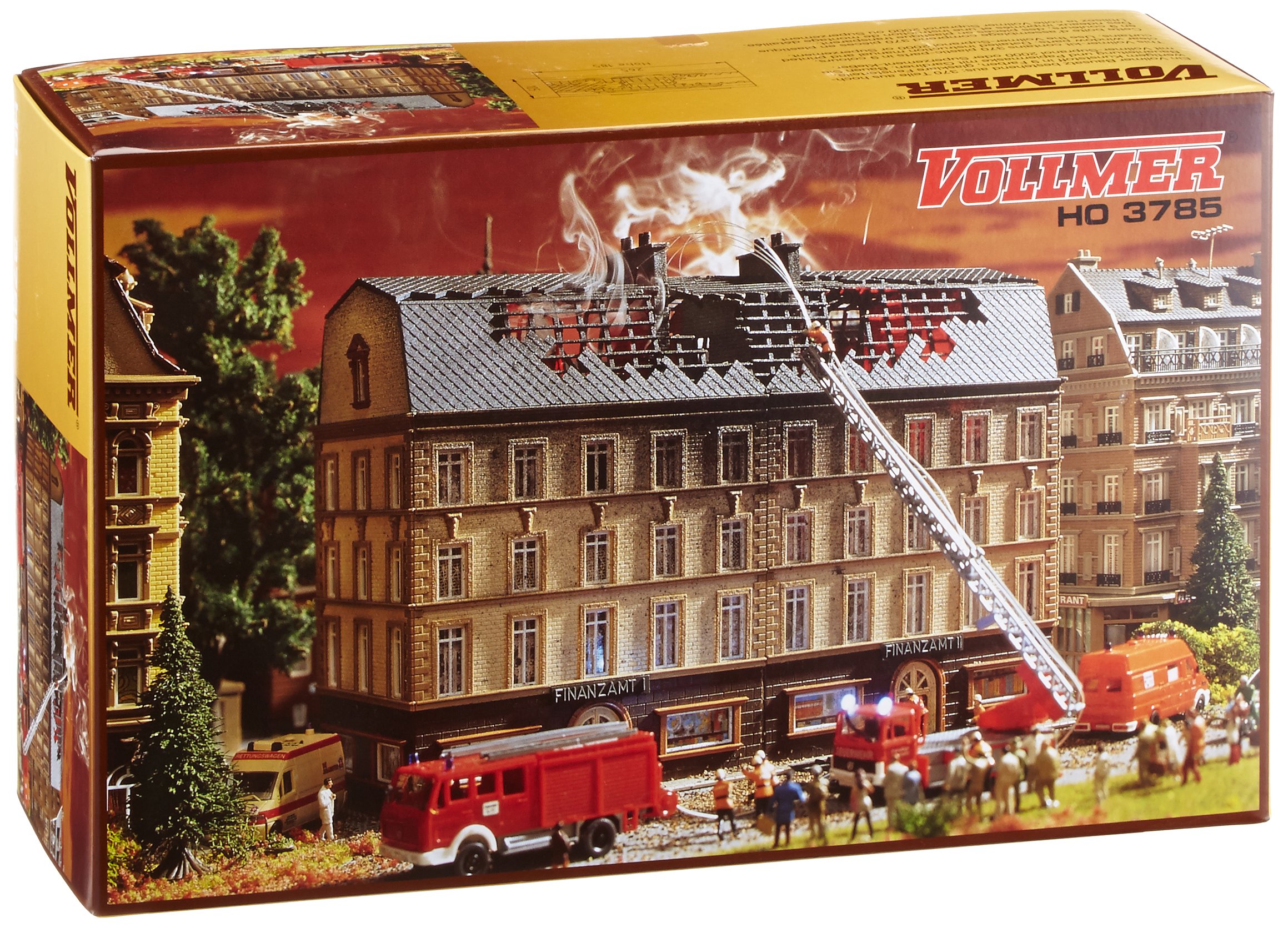 Vollmer 43785 Burning IRS Office HO Scale Plastic Building Kit, assembled view.