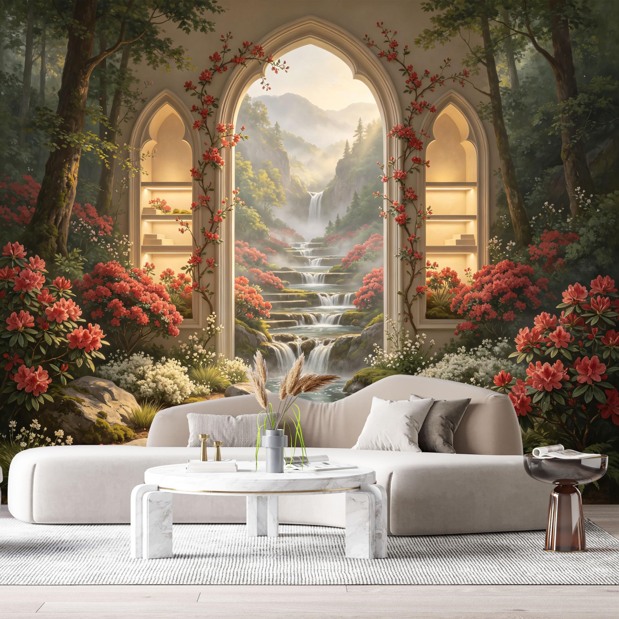 Custom Size Wall Murals Waterfall Forest Landscape 3D Trompe L'Oeil SelfAdhesiveWall Fabric Removable Wallpaper Wall Decor for Living Room Bedroom Bathroom