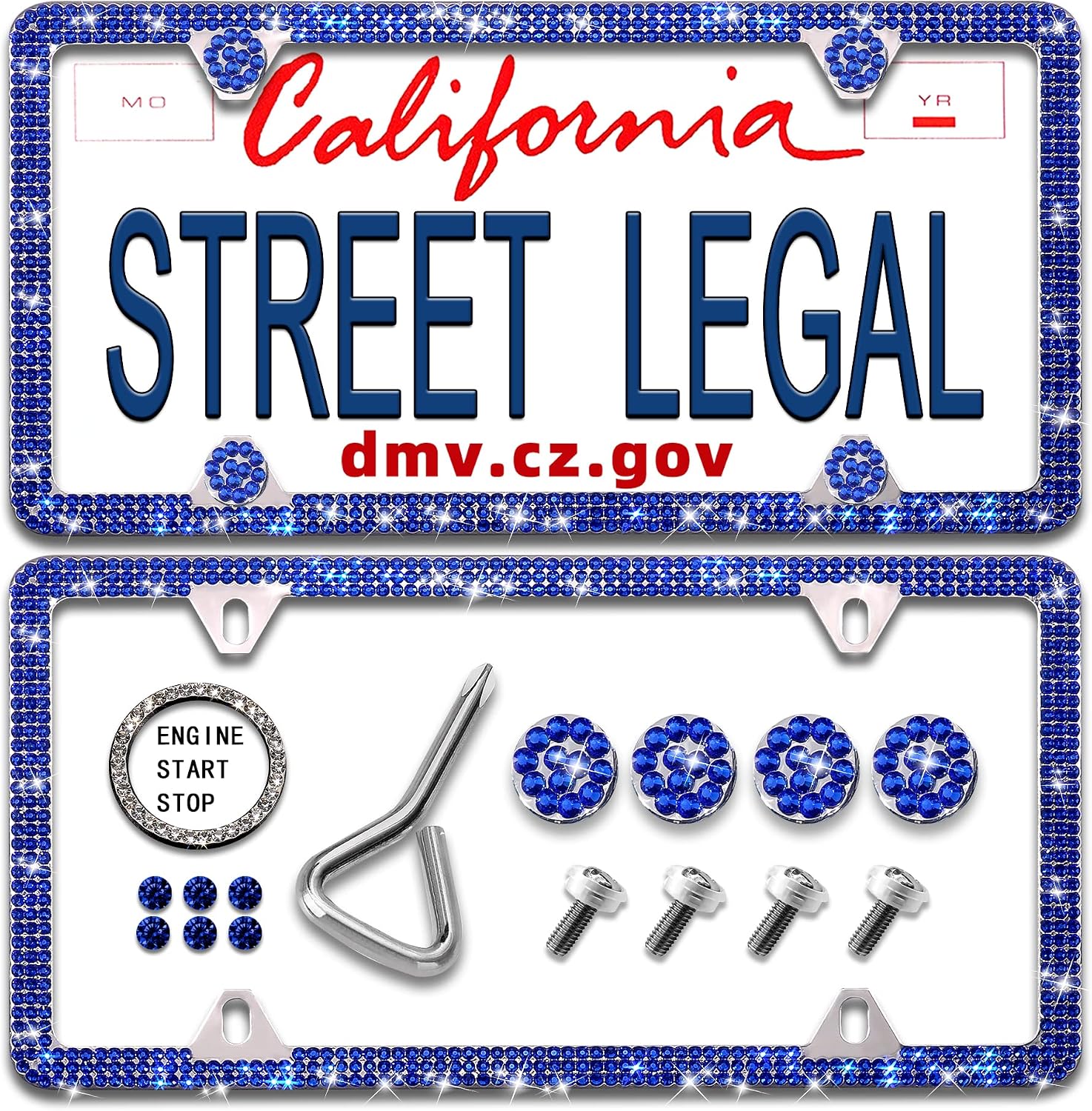 Newzon Blue Bling License Plate Frame, 4 Holes Premium Glass Rhinestones Cute License Plate Frames for Women, Men,with Diamond Caps, Rust/Rattle Proof Pad
