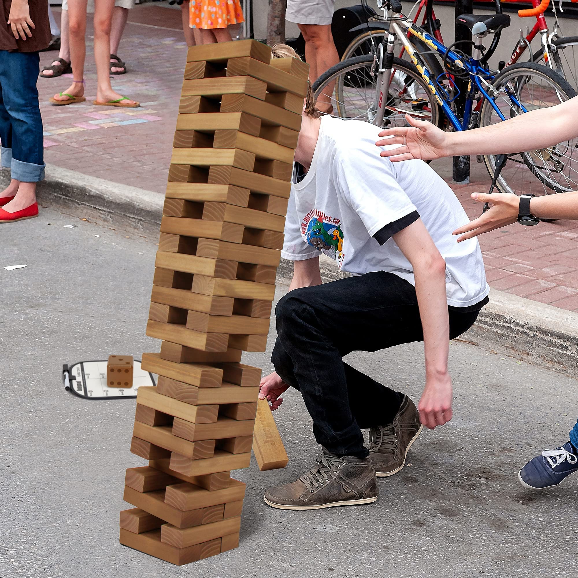 Juegoal 54 Pieces Giant Tumble Tower Blocks Game Giant Wood Stacking Game with 1 Dice Set, Gameboard, Canvas Bag for Adult, Kids, Family, Brown