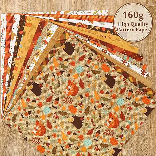 Miniatura 5 de Whaline 24 piezas de papel con patrón de otoño de 11.8 x 11.8 pulgadas, hojas coloridas de otoño, calabaza, a cuadros, álbum de recortes de doble