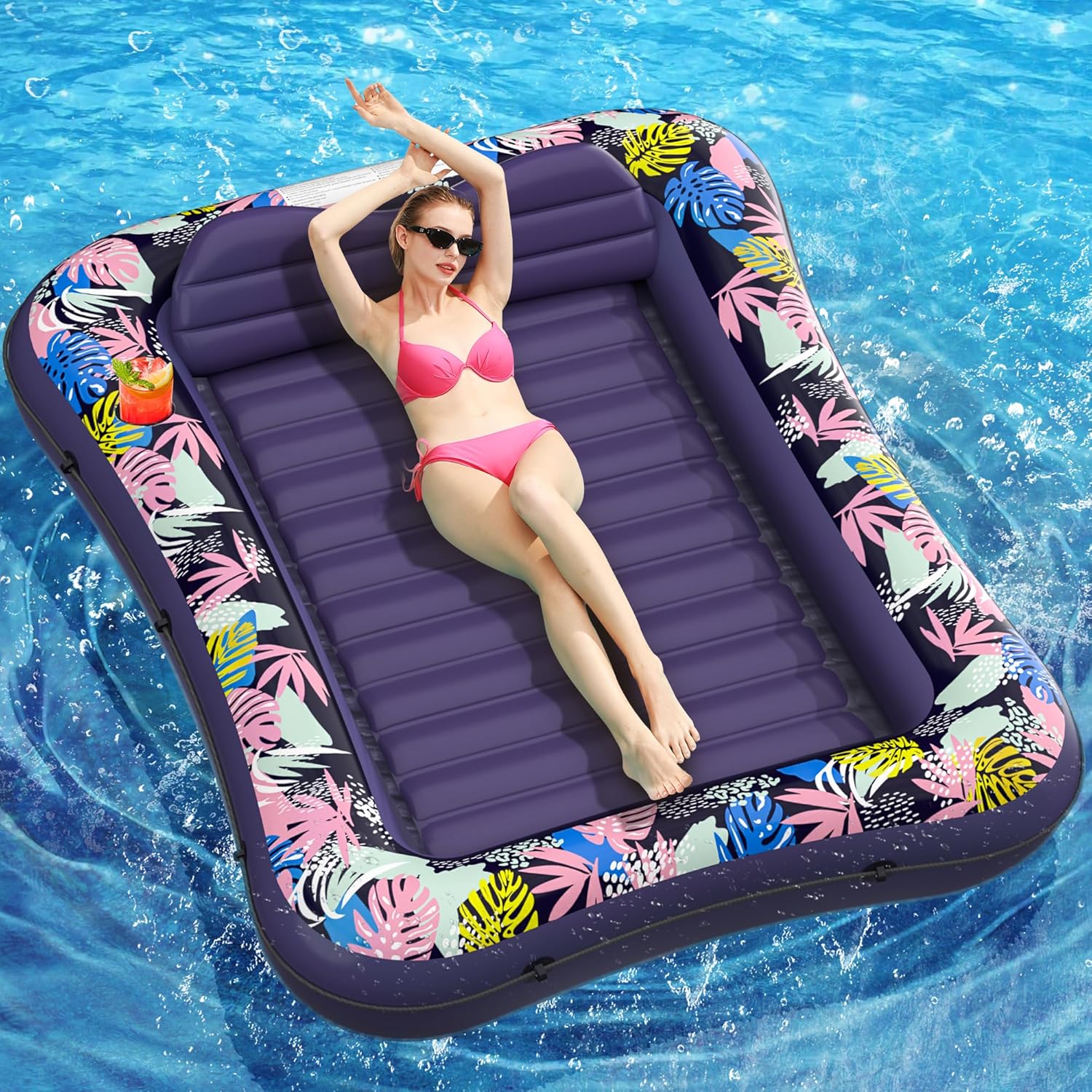 Tanning Pool Lounger Float, OKSUWATER 75" x 51" Pool Floats Adult with Headrest & Drink Holder, Blow-Up Bed Sun Tan Tub for Sunbathing, Beach, Backyard, Outdoor, Summer Water Party (Purple-L)