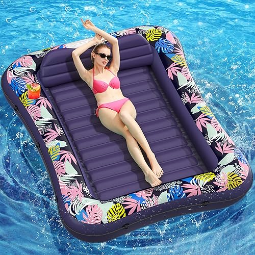 Flotador para tumbona de piscina, de 75 x 51 pulgadas, para adultos, con reposacabezas y soporte para bebidas, cama inflable para tomar el sol,