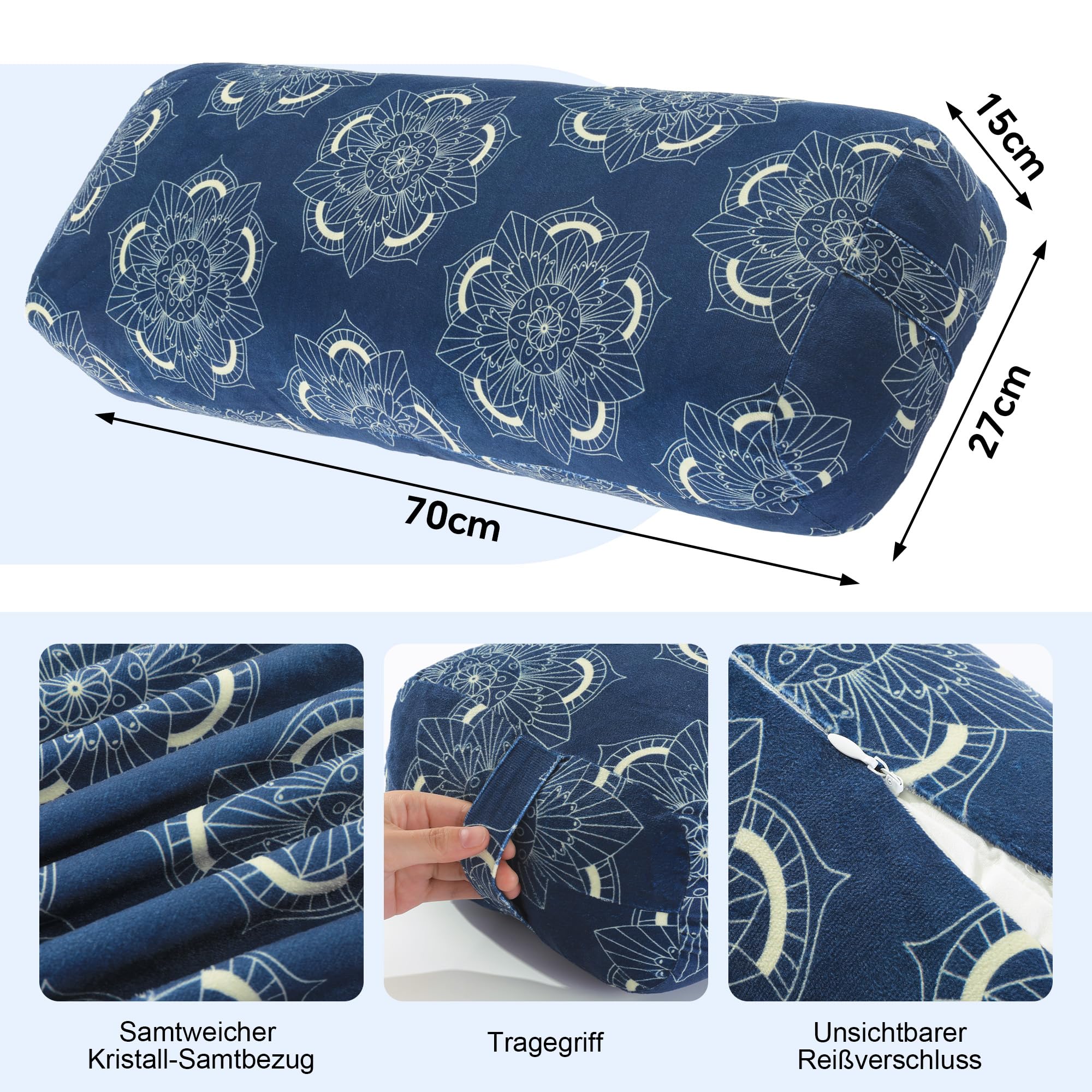 Yoga-Bolster-Kissen, rechteckiges Yoga-Kissen für regenerative Meditation, Bolster-Meditationskissen mit Tragegriff, 70 x 27 x 15 cm