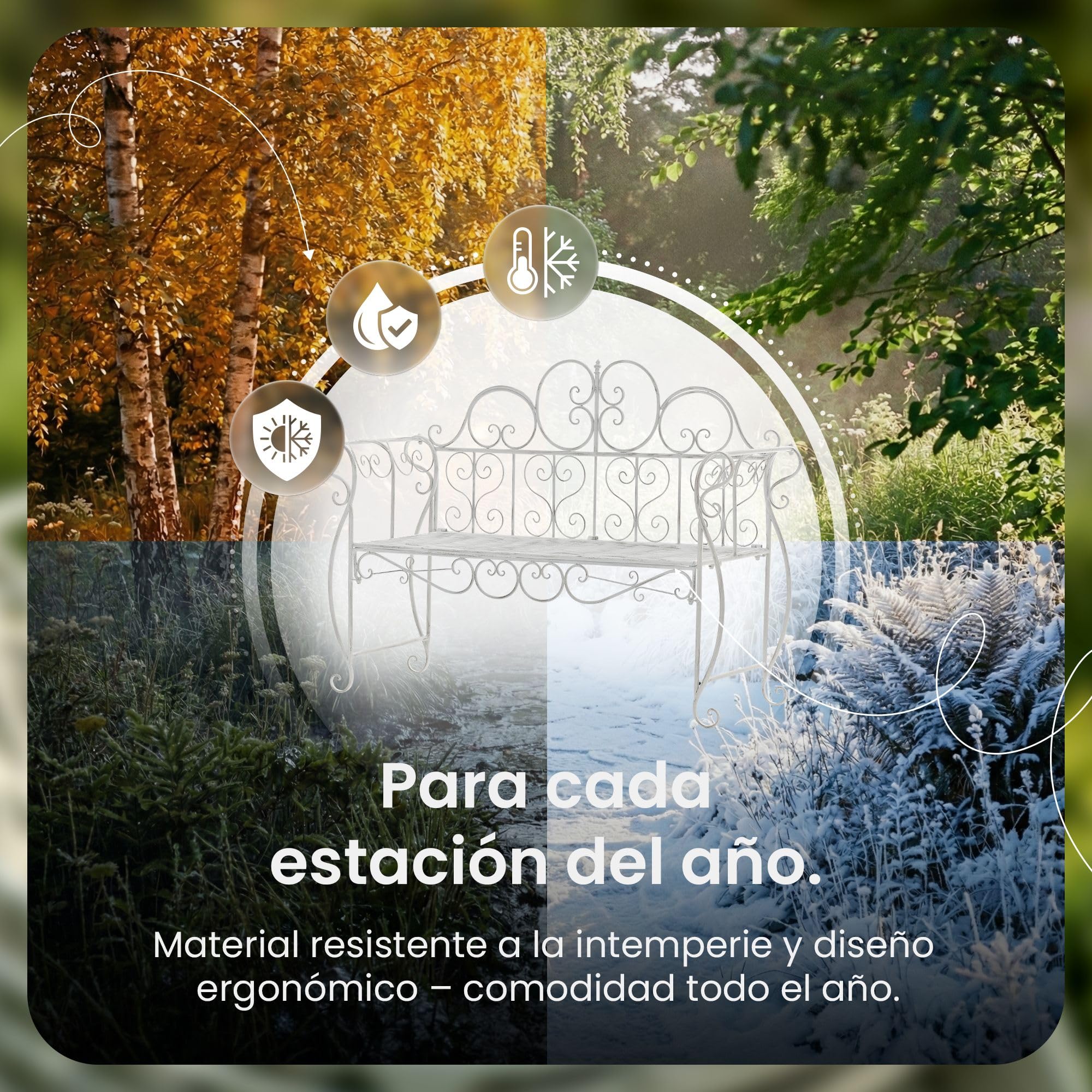 CLP Banco de Jardin Minna, Banco metalico romantico Estilo modernista con reposabrazos, Ideal para Jardin, terraza y Balcon, hasta 180 kg, Color:Blanco Envejecido