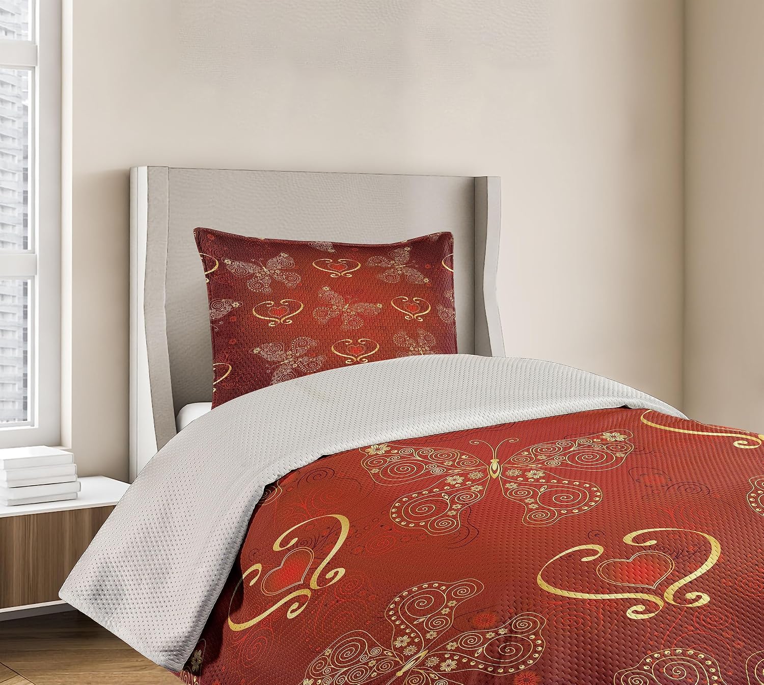 Lunarable Maroon Coverlet Set Twin Size, Valentines Day Romance Swirled Lines Ornate Lace Style Butterflies Hearts, 2 Piece Decorative Quilted Bedspread Set with 1 Pillow Sham, Yellow Vermilion