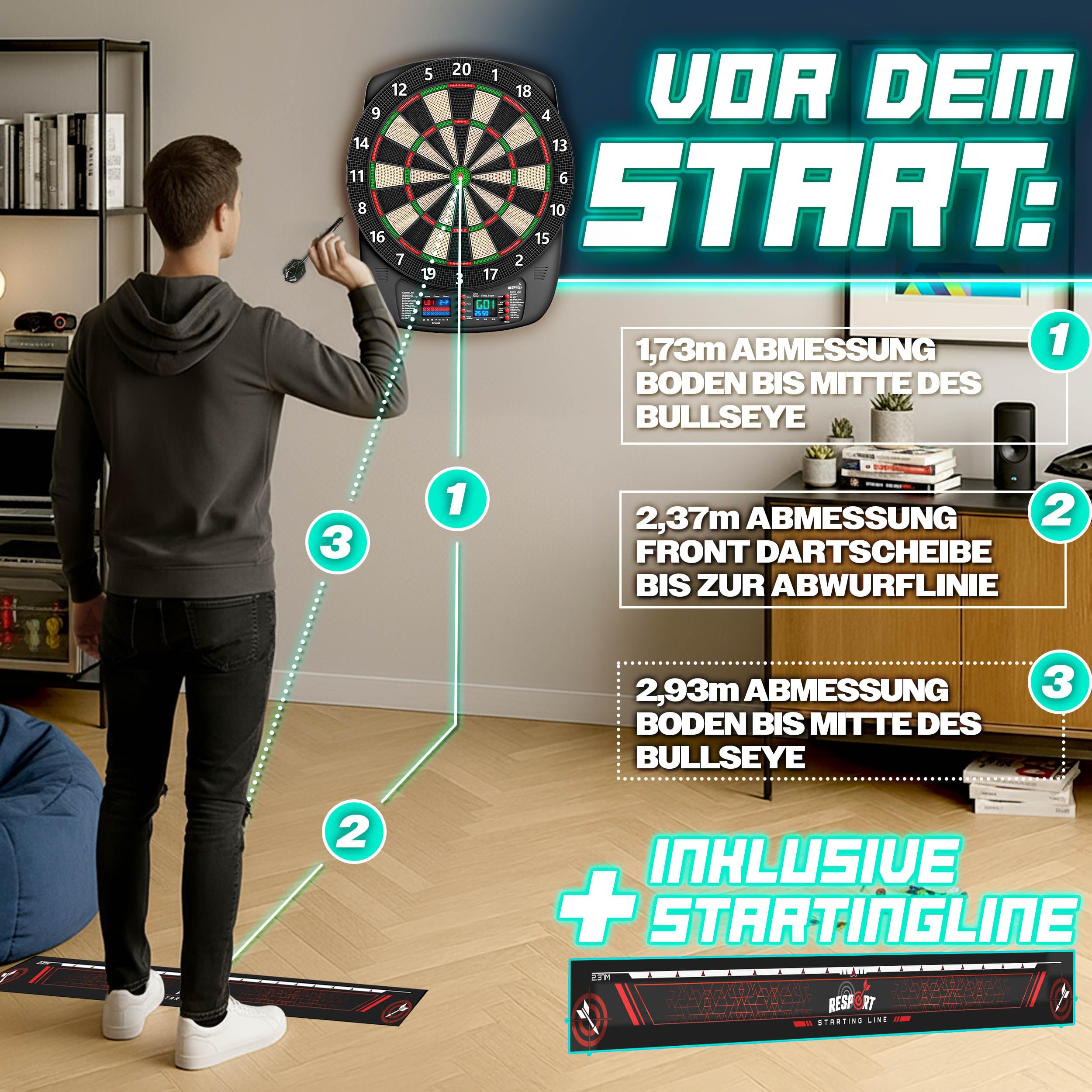RE:SPORT® Dartscheibe Elektronisch Profi Set mit 12 Pfeilen + 24 Pro Flights + 100 Pfeilspitzen & Zubehör | E Dartautomat für 1–8 Spieler mit 427 Varianten | Elektrisches Dartboard mit LED Anzeige