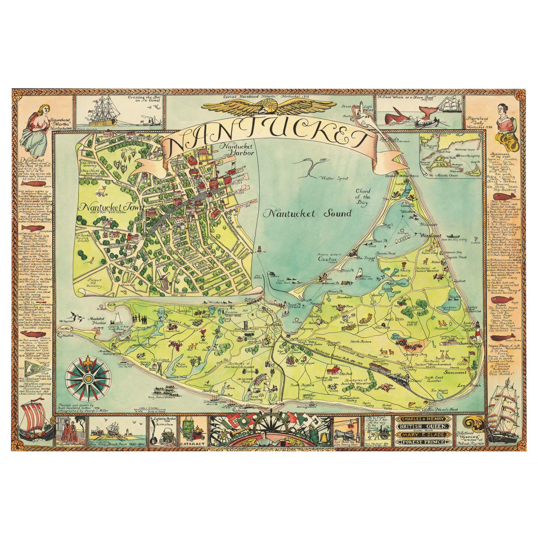 Sutton 1946 Pictorial Map Nantucket Island MA Premium Wall Art Canvas Print 18X24 Inch