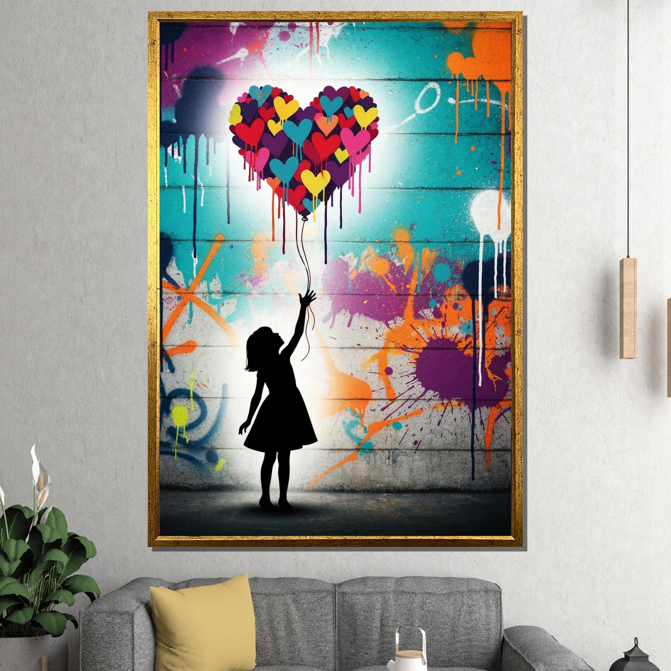 YUSUZHU Quadro su tela con motivo graffiti a forma di cuore e palloncino – Pronto da appendere – Decorazione murale per soggiorno – Poster e stampe di street art urbana (40x60 cm/cornice interna)
