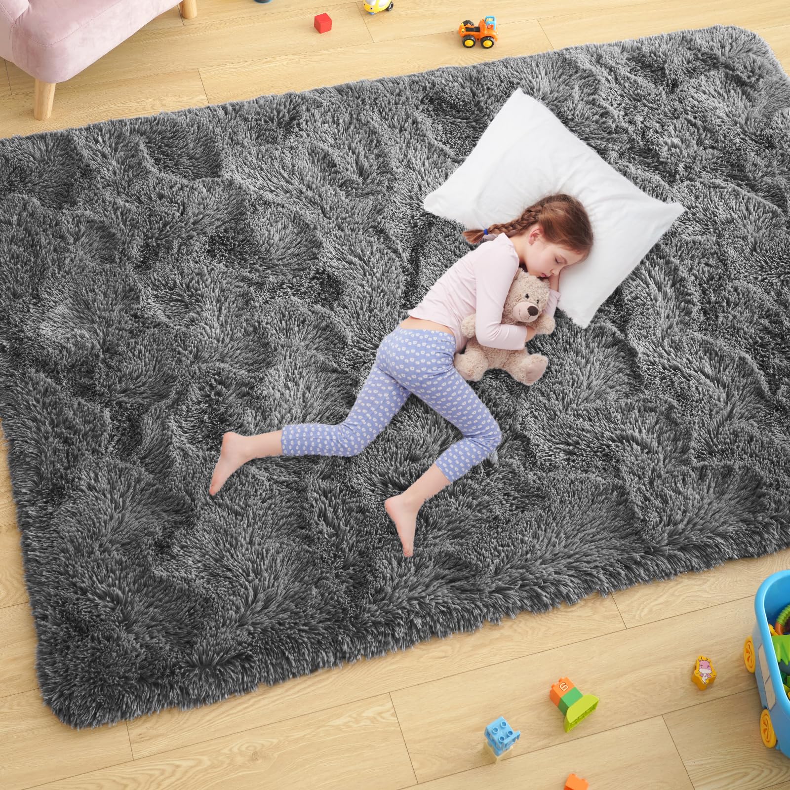 Ultra Soft Dark Grey Rugs for Bedroom 4x6 Feet, Fluffy Shag Area Rugs for Living Room, Large Comfy Furry Rug for Boys Kids Baby Room Decor, Non Slip