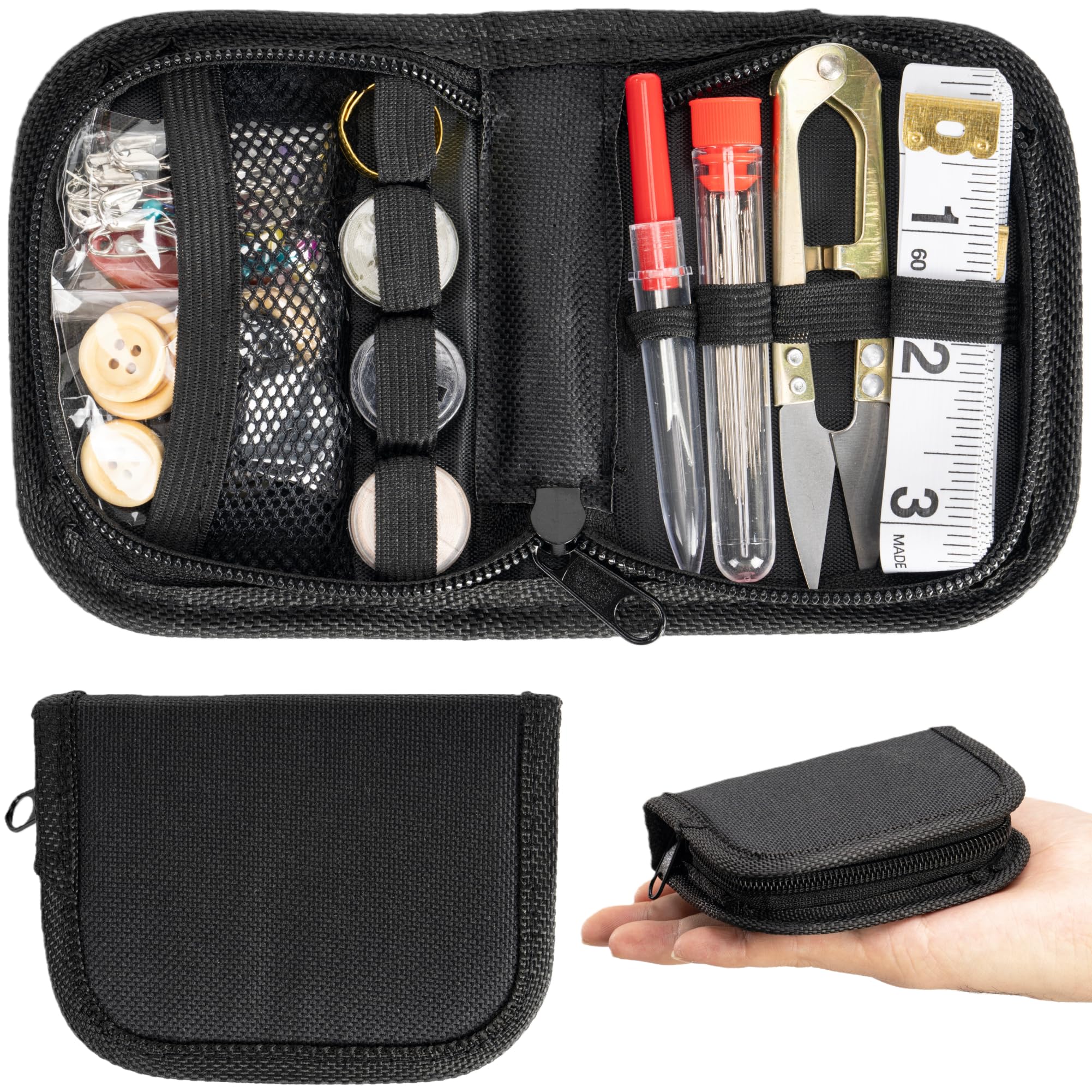 VEPKOIT Military Survival Sewing Kit, Portable Sewing Kit with Buttons for Men or Women, Small Repair Tools with Zipper Closure in Durable Nylon Case for Travel Field Emergency (Black)