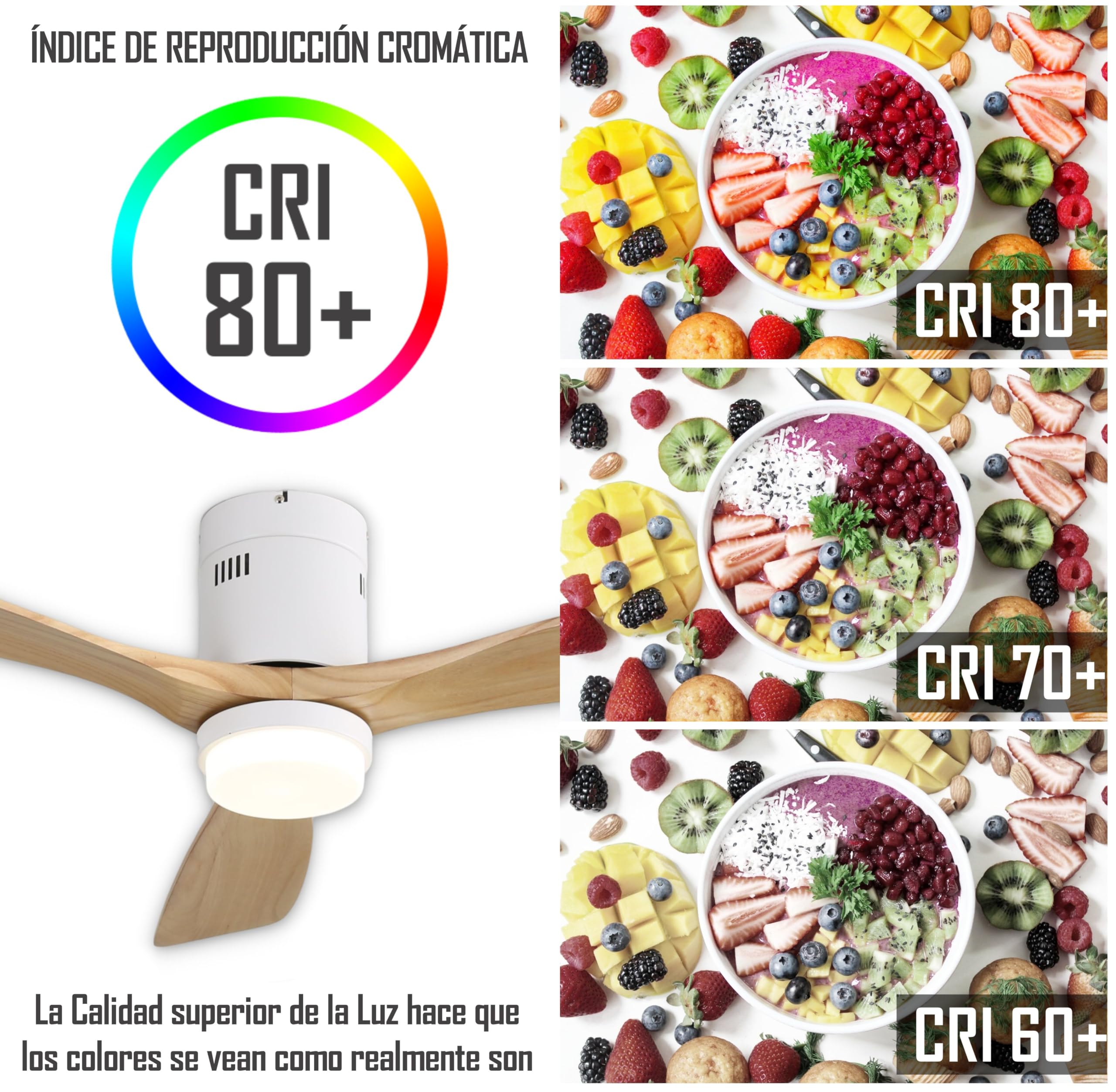 Ventilador techo grande 132 cm con luz LED 20W | Motor DC silencioso | 3 aspas madera natural | Mando con temporizador y función invierno/verano | Diseño moderno sin barra