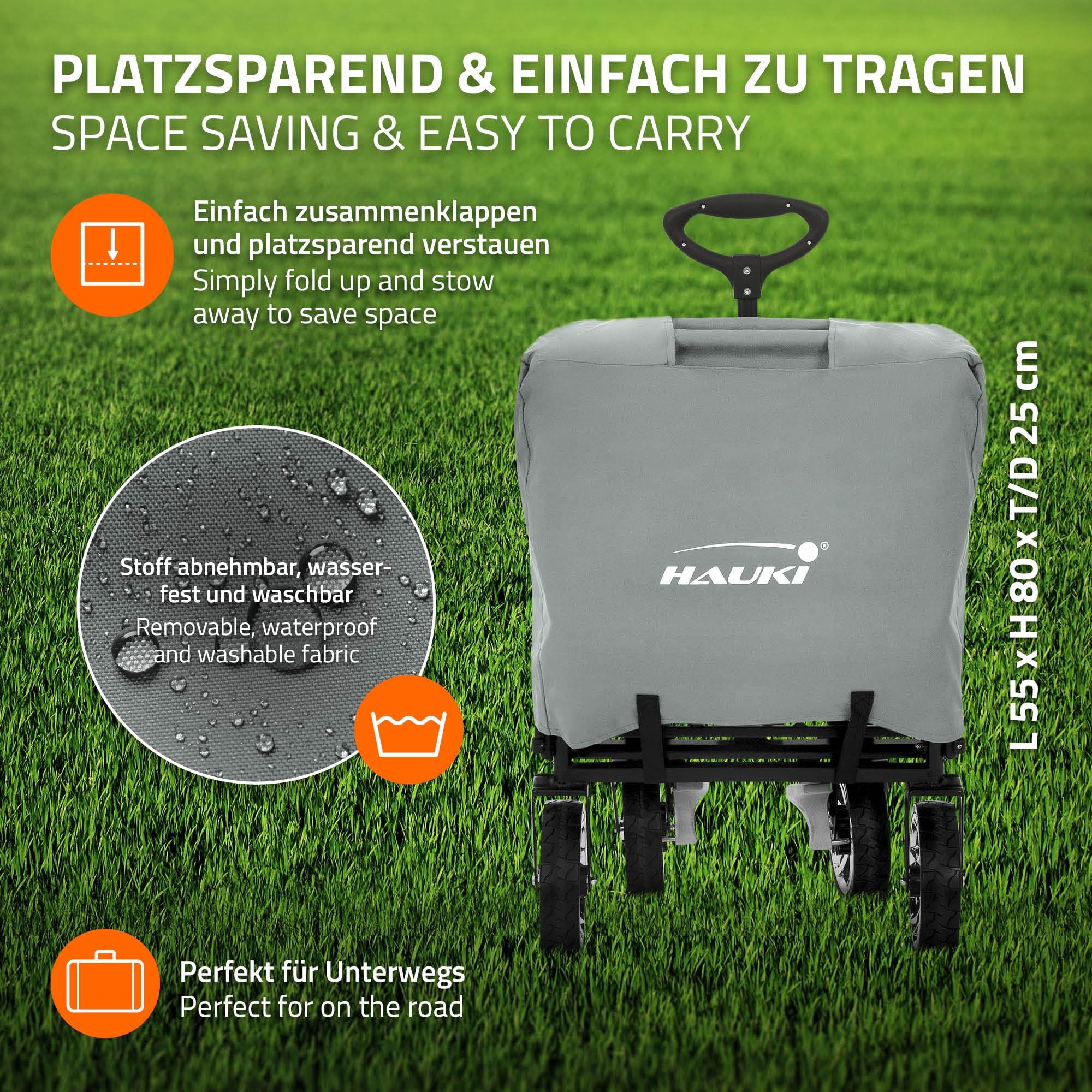 Hauki Chariot de Transport Pliable à Main avec Toit, Gris, Poussette de Plage Jardin avec Sac et Siège à 2 Places, Roulette avec Freins, Pivotante à 360°, Charge Max. 120 kg, pour Enfants/Outils