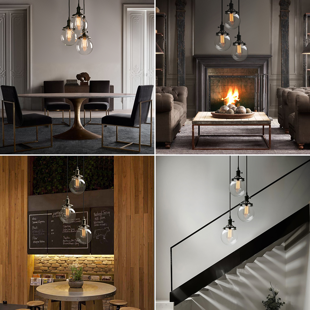 Image of Phansthy 3 Lights Chandelier Industrial Cluster Pendant Light with 5.9 Inch Clear Globe Glass Shade, Foyer Chandeliers Entryway High Ceiling Staircase Lights (Black)
