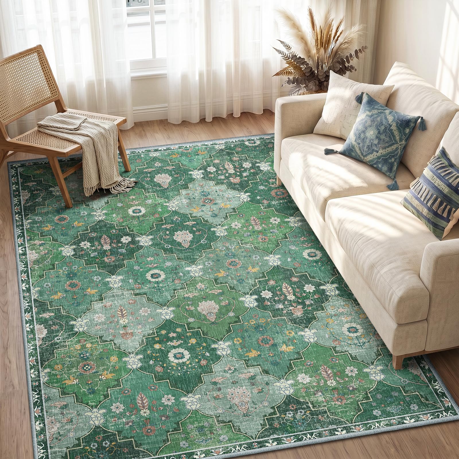 INOVADAY Boho Rugs Living Room 140x200 cm Vintage Washable Rug Darkgreen โ image 1