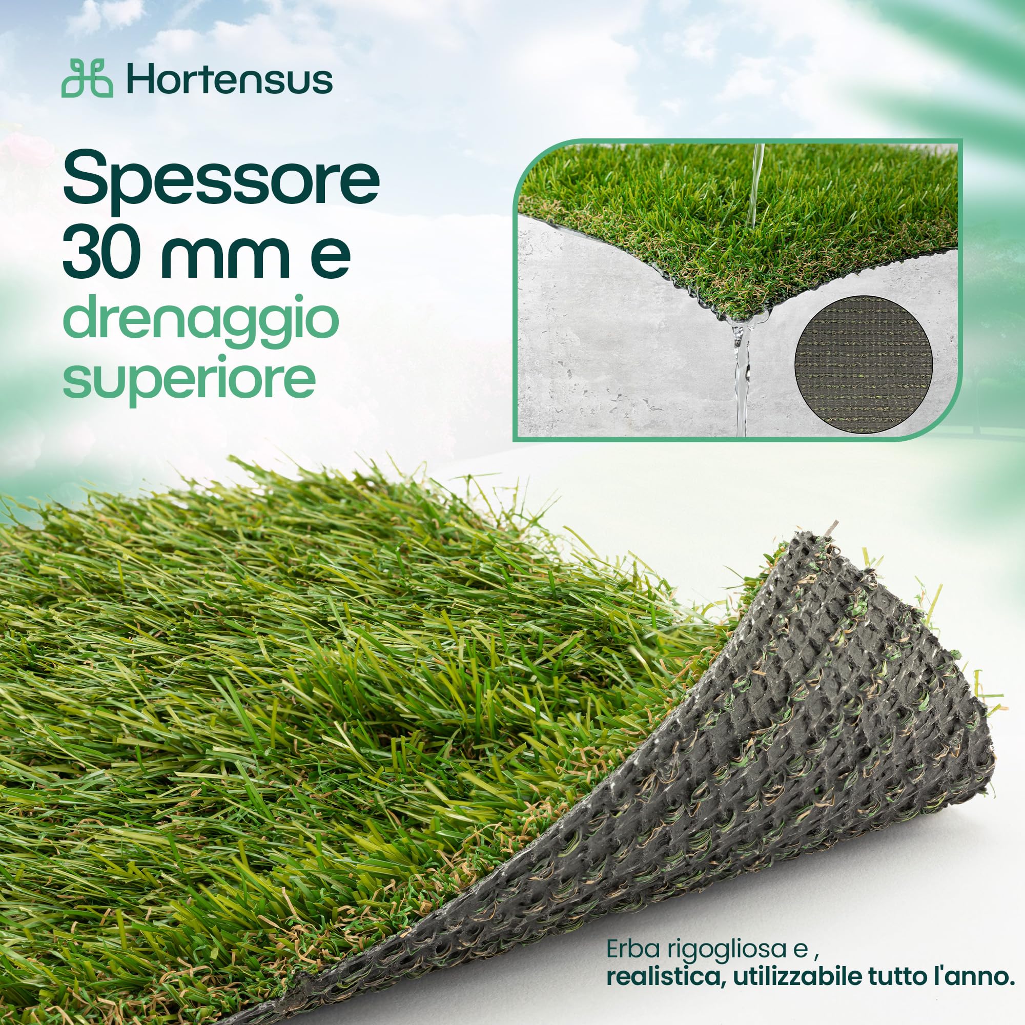 Tappeto Erba Sintetica Hortensus 30 Mm - Prato Finto Per Esterno 1x2m, Per Giardino E Balcone, Sempre Verde - Foto 7