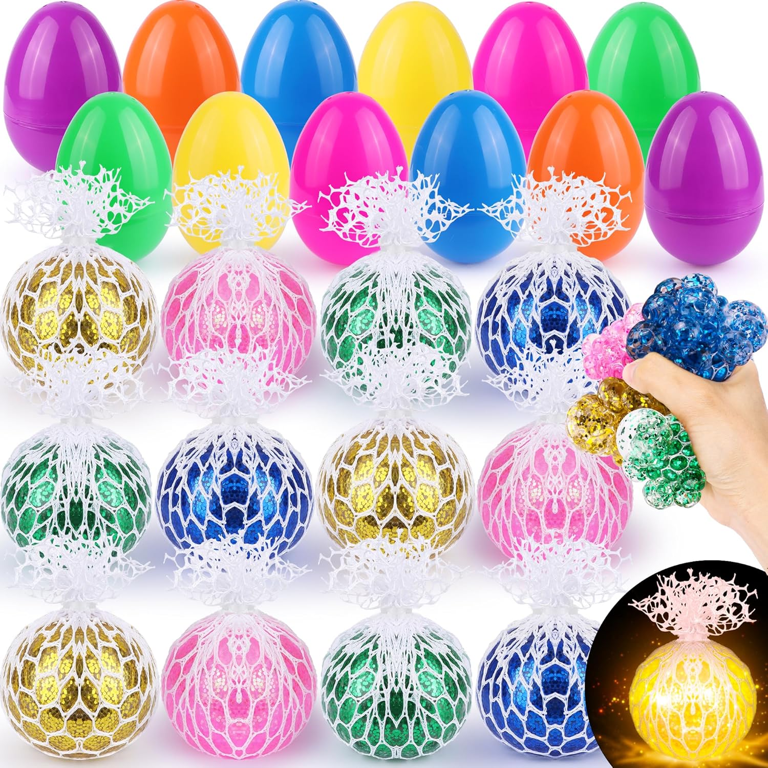12 Pack Easter Eggs with Light-Up Grape Mesh Squishy Stress Ball, Glow in The Dark Squeeze Balls Sensory Toys for Kids Teens Easter Basket Stuffers Party Favors Gifts Classroom Prizes Easter Egg Hunt