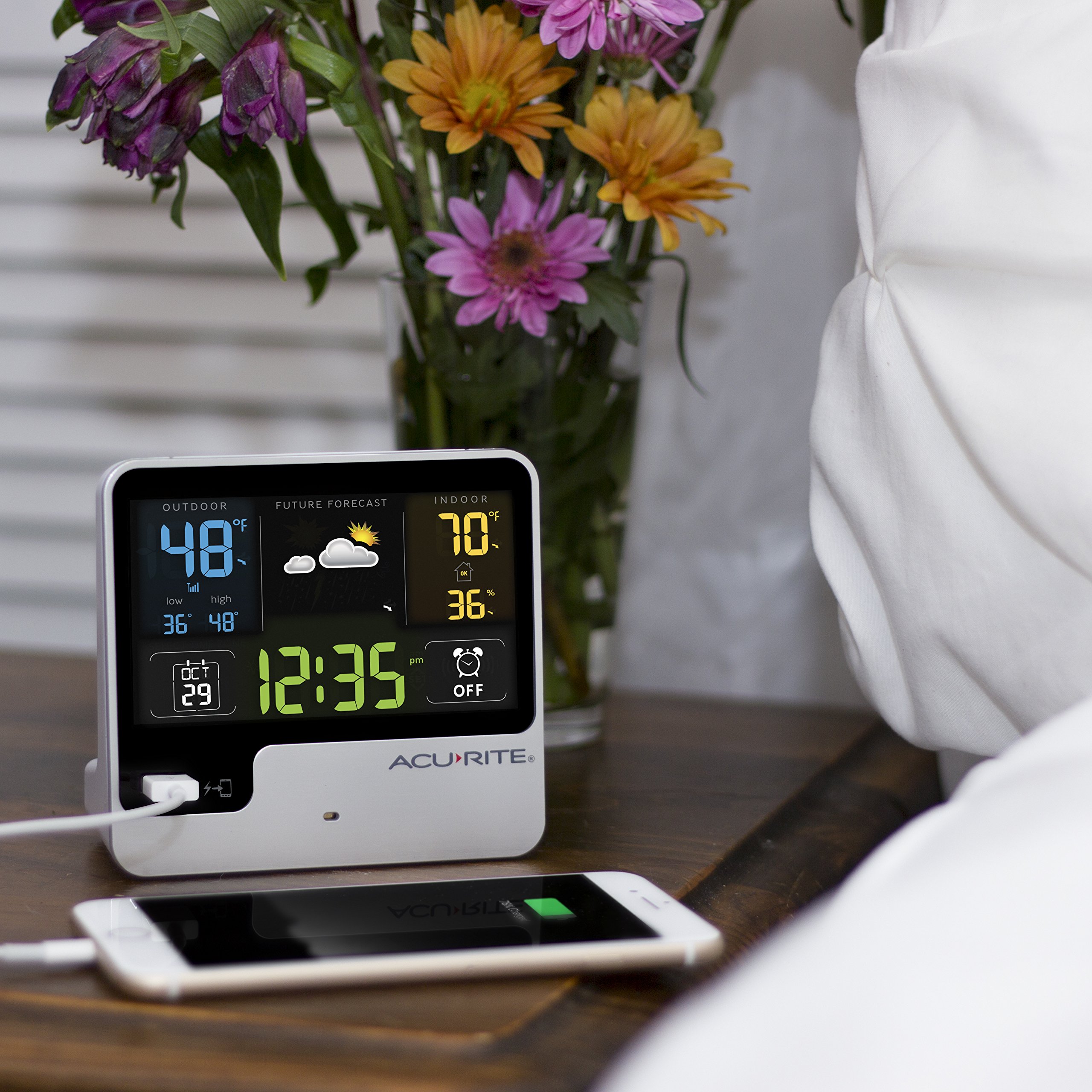 AcuRite 01129M Alarm Clock with USB Charger & Weather Station, Black