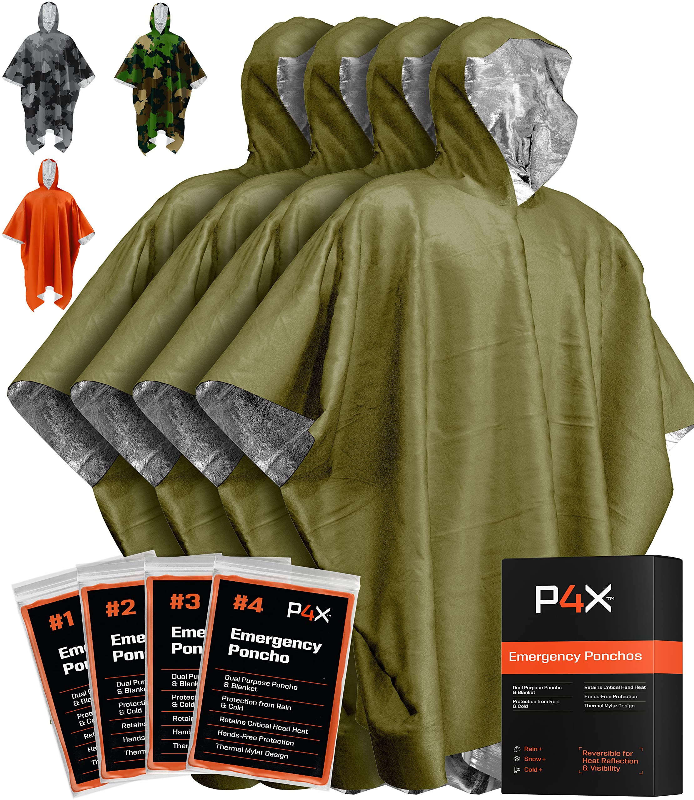 Emergency Blankets & Rain Poncho Hybrid Survival Gear and Equipment – Tough, Waterproof Camping Gear Outdoor Blanket – 4 Pack