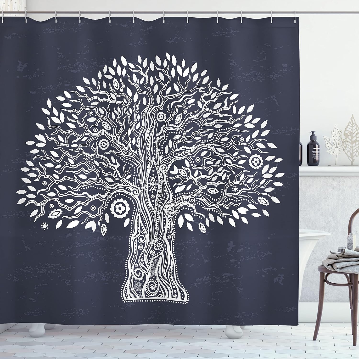 Ambesonne Tree of Life Shower Curtain, Doodle Tree Illustration Oriental Harmonious Design Mother Nature, Cloth Fabric Bathroom Decor Set with Hooks, 69" W x 84" L, Grey White