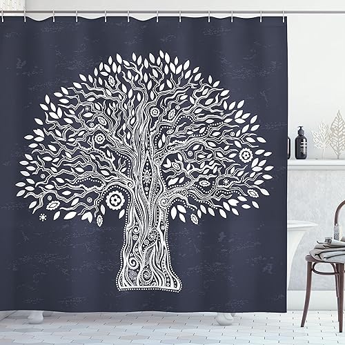 Miniatura 32 de Ambesonne Cortina de ducha hawaiana, diseño de hibisco hawaiano tropical, silueta de niña, tabla de surf, impresión de arte retro, juego de Fucsia