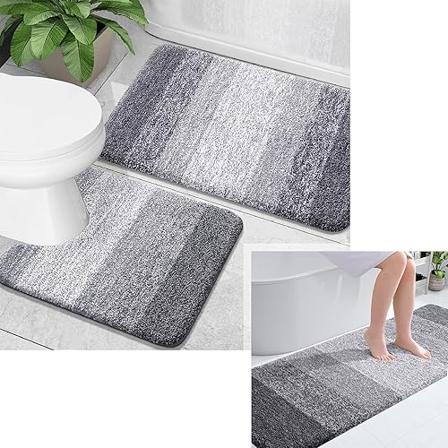 OLANLY Alfombra de baño y aseo en forma de U, tamaño 70 x 24 pulgadas, juego de alfombras de baño de 30 x 20 + 24 x 20 pulgadas, color gris, paquete