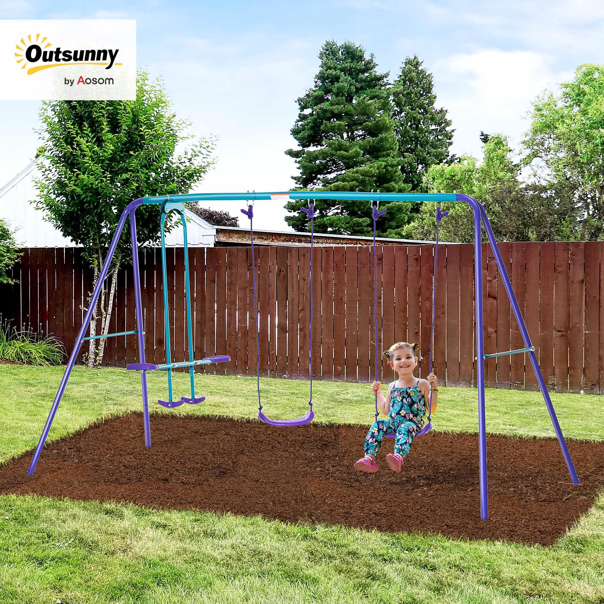 Outsunny Balançoire Portique Extérieur Enfant 3 en 1 Charge 180 kg Violet | 1 Balançoire Face à Face, 2 Sièges de Balancelle, Hauteur Réglable, en Métal, pour 3+ Ans