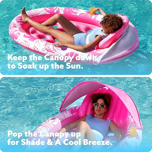 Miniatura 4 de SLOOSH Flotadores de piscina con toldo Flotador inflable ovalado XL para adultos con cubierta ajustable para sombra solar, flotador de bronceado